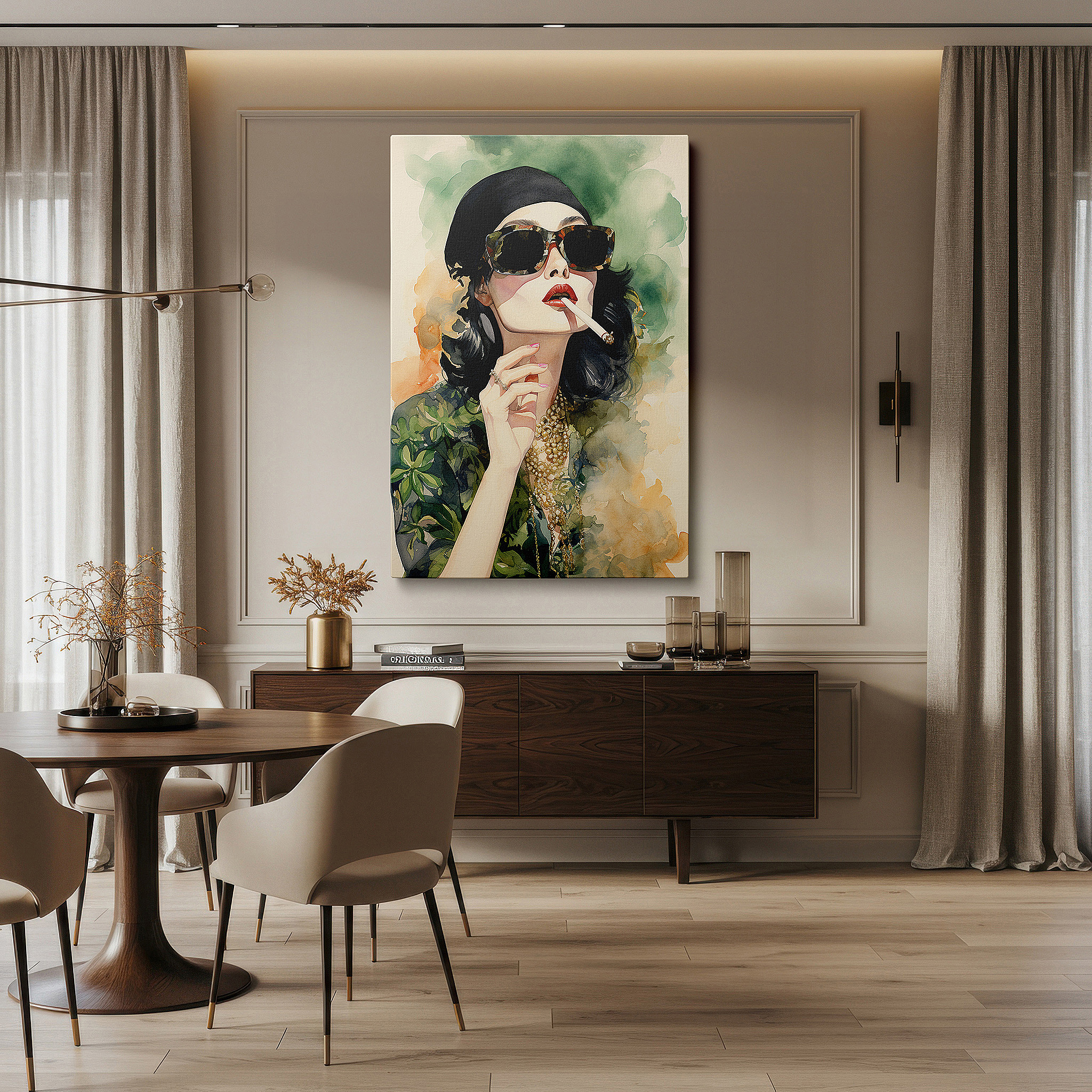 Bathed in morning sunlight streaming through sheer curtains — wall decor: where timeless elegance and modern femininity combine in a bold display of style and confidence - featuring large canvas art perfect for home or office