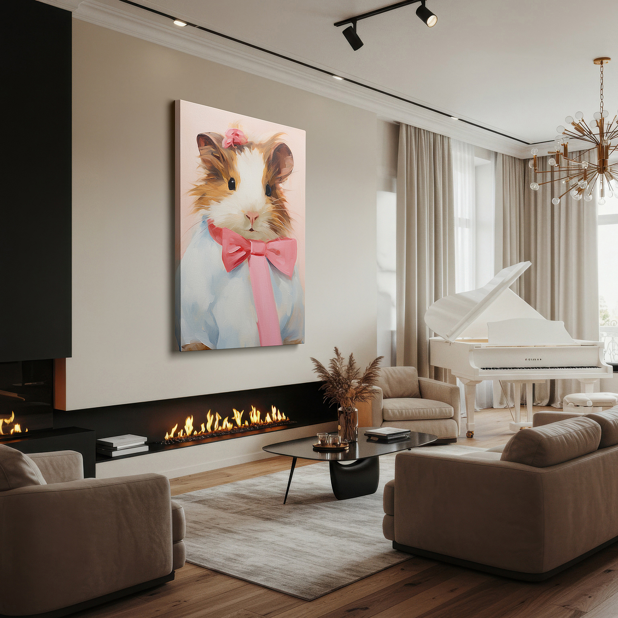 Bathed in morning sunlight streaming through sheer curtains — whimsical guinea pig in white dress and pink bow on soft pink background - large canvas wall art for office and bedroom decor