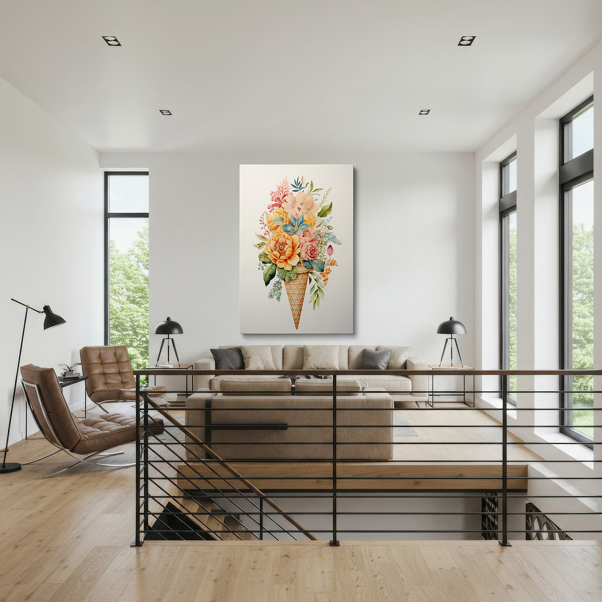 Bathed in morning sunlight streaming through sheer curtains — whimsical ice cream cone canvas wall art featuring a vibrant floral array, perfect for office, bedroom, or home decor