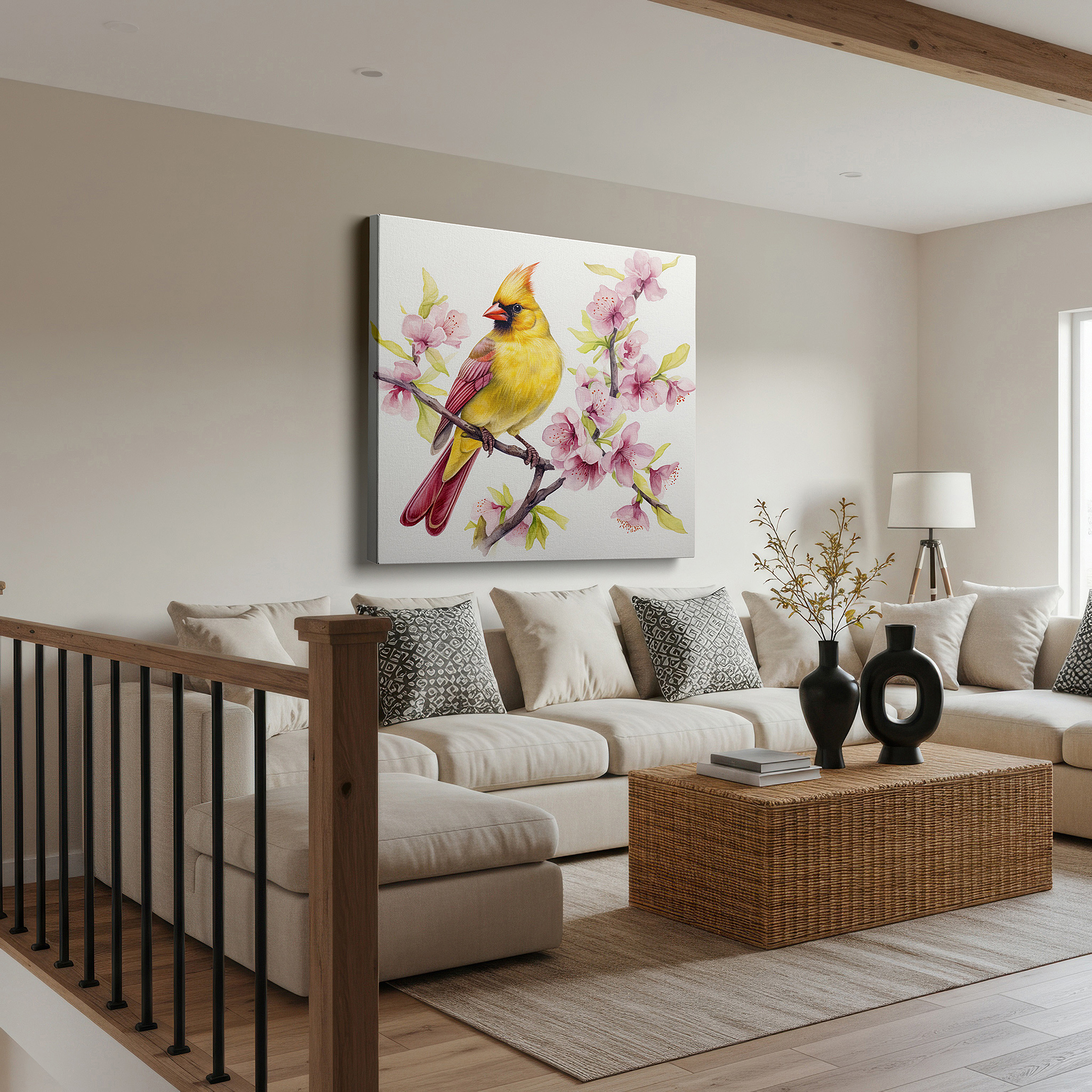 Bathed in morning sunlight streaming through sheer curtains — yellow cardinal in pink blossoms: serene and vibrant large wall art for office or bedroom decor