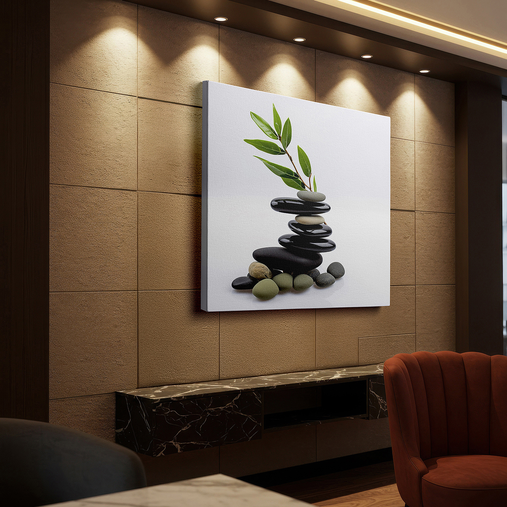 Bathed in morning sunlight streaming through sheer curtains — zen stones and vibrant leaves wall art: embrace serenity and mindfulness with this large canvas, perfect for office or bedroom decor