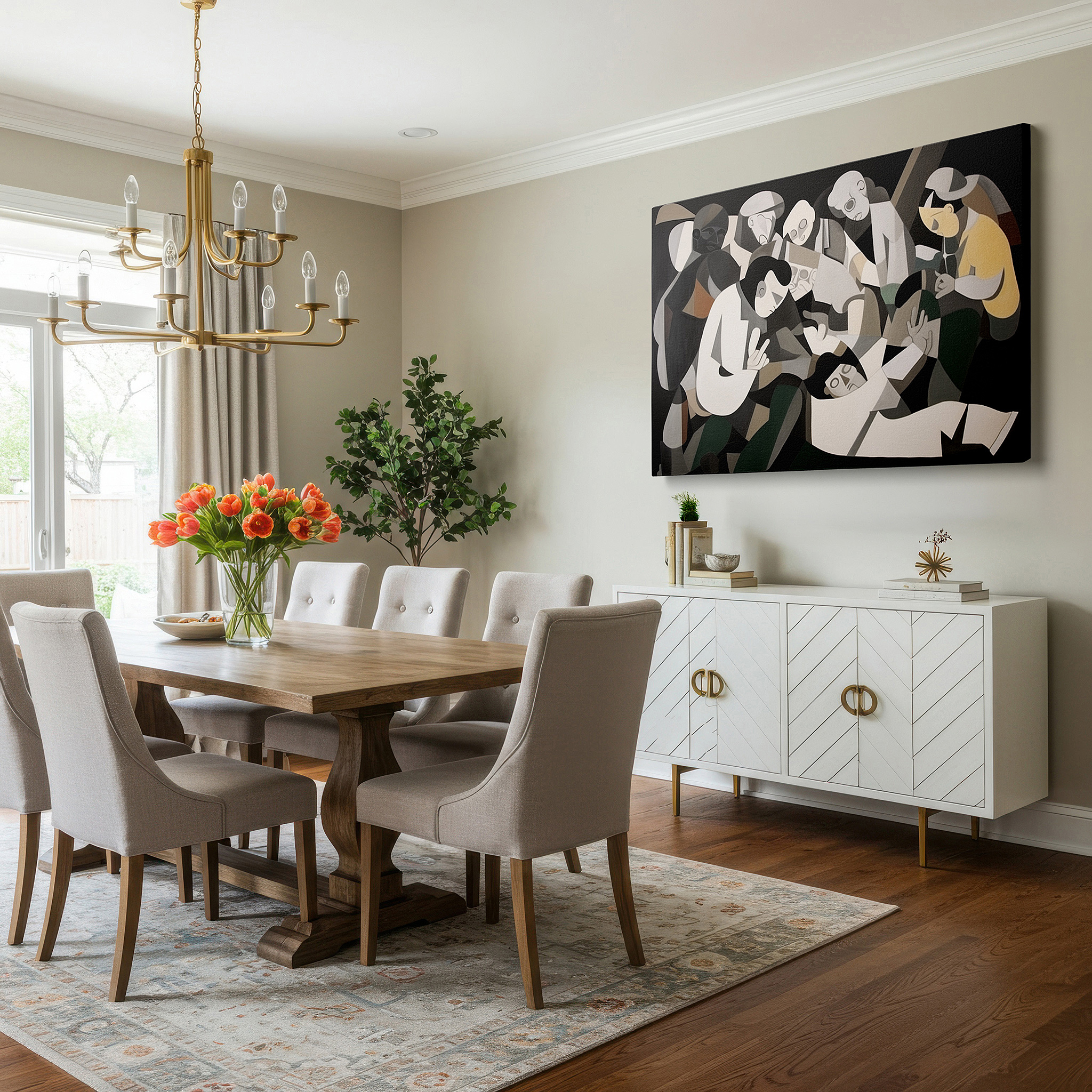 Bold and expansive at 90×60 cm — ideal for making a statement above large furniture — abstract exploration of human connections in a vivid, fragmented style: large wall art, canvas wall art, wall decor for offices and bedrooms