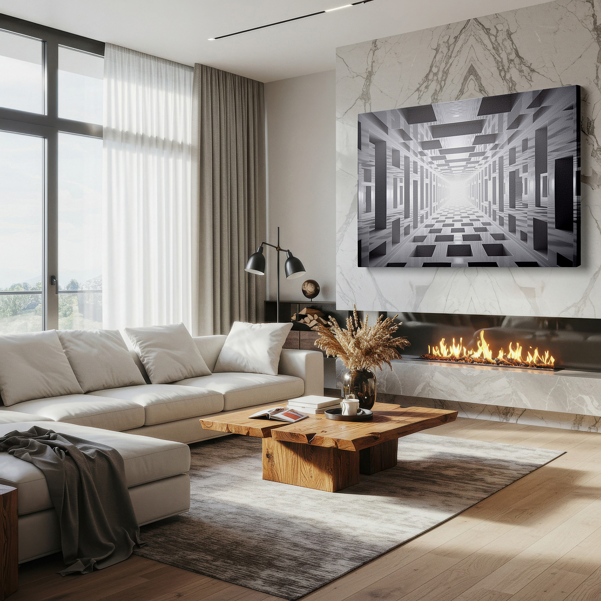 Bold and expansive at 90×60 cm — ideal for making a statement above large furniture — abstract tunnel of light and shadow: a journey of curiosity and reflection - large canvas wall art for office decor
