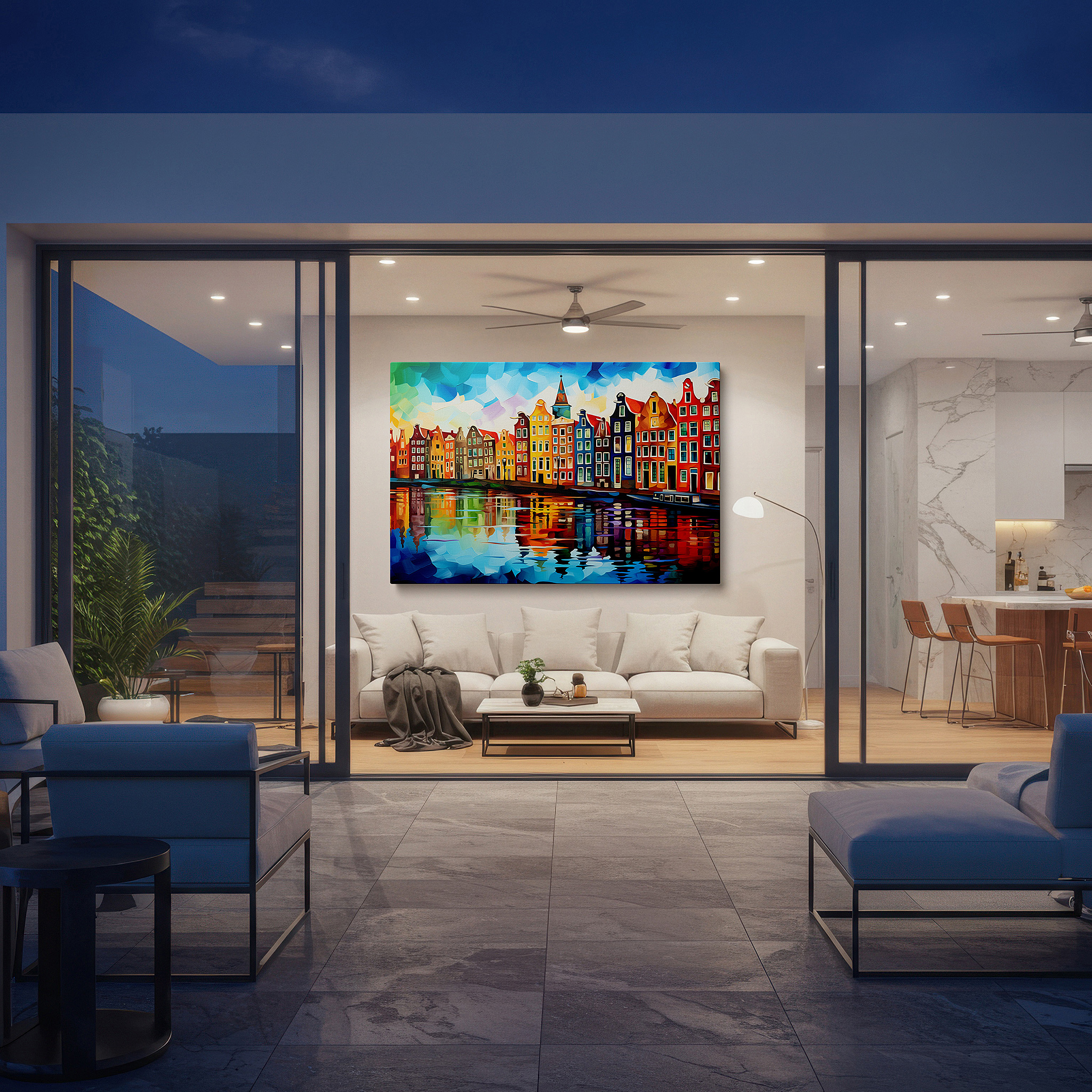 Bold and expansive at 90×60 cm — ideal for making a statement above large furniture — amsterdam canal scene with vibrant dutch houses and reflective water - large canvas wall art for office and bedroom decor