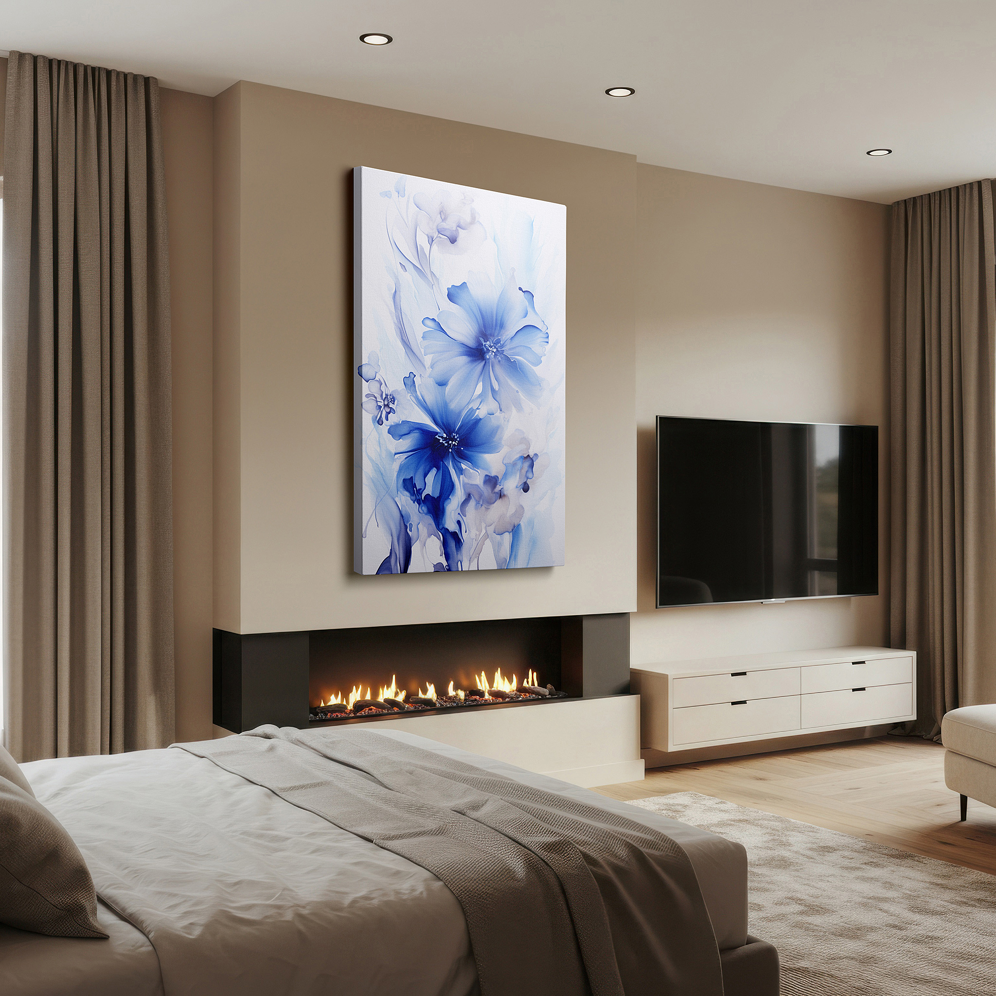 Bold and expansive at 90×60 cm — ideal for making a statement above large furniture — azure blossoms dance - serene blue flowers in motion large wall art, canvas wall art, wall decor for office and bedroom