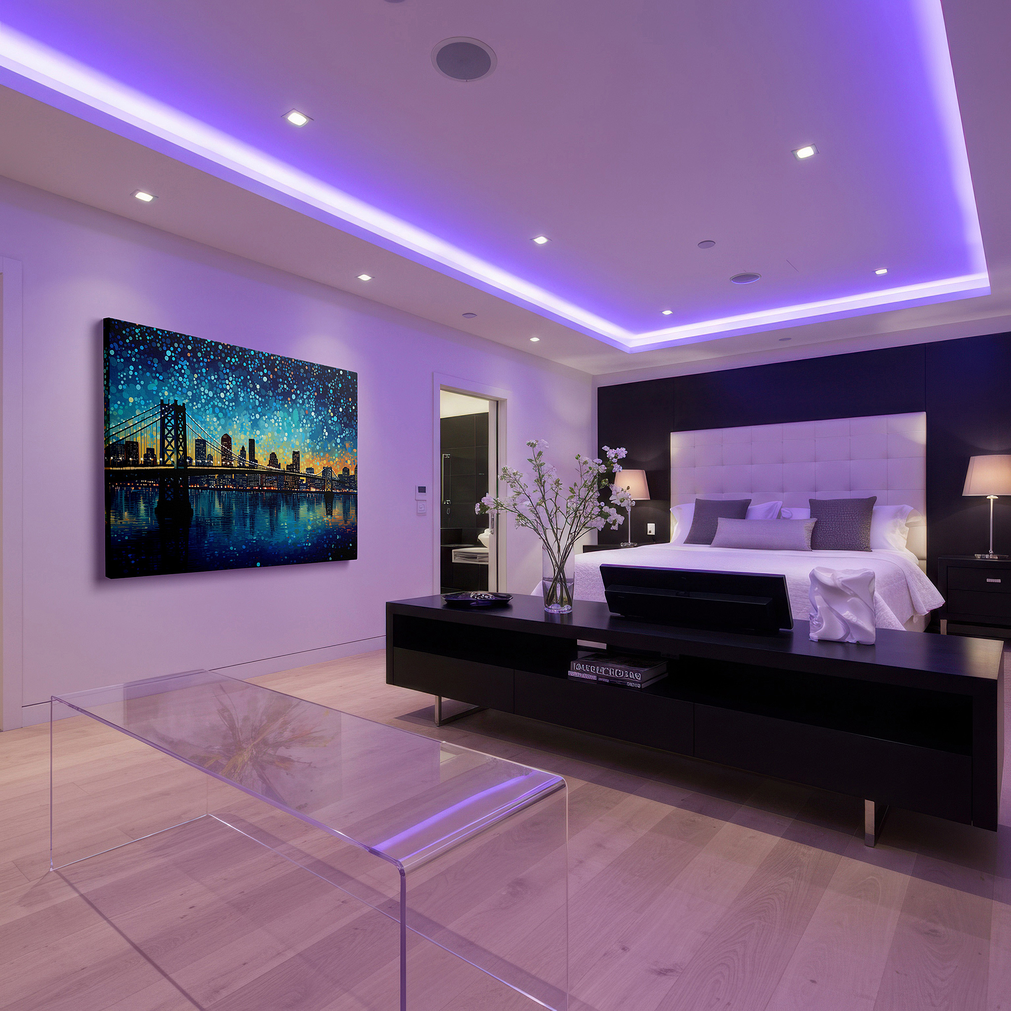 Bold and expansive at 90×60 cm — ideal for making a statement above large furniture — bay bridge and city skyline nighttime splendor large canvas wall art for office, bedroom, and living room decor