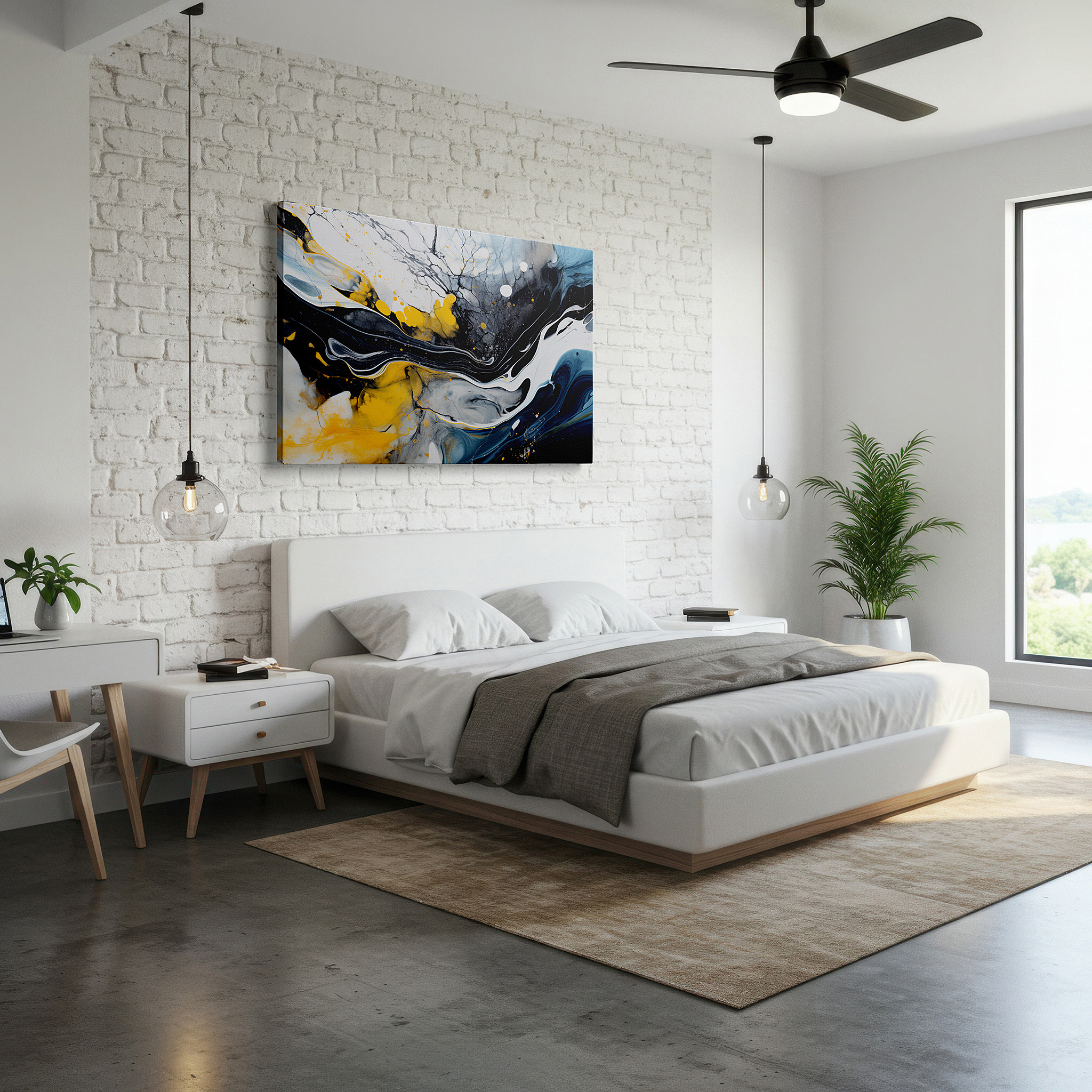 Bold and expansive at 90×60 cm — ideal for making a statement above large furniture — black and yellow swirls on a serene blue and white background large canvas wall art, wall decor for office and bedroom
