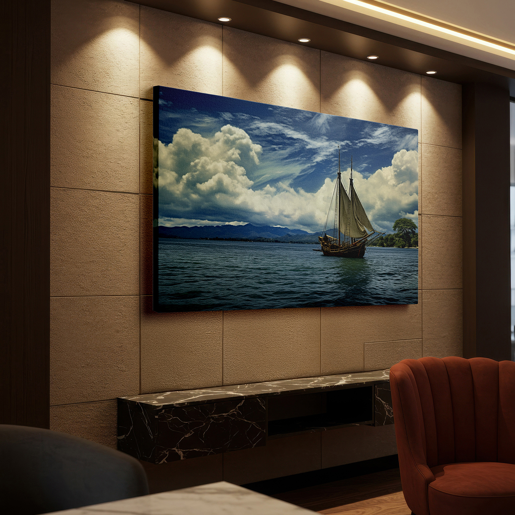 Bold and expansive at 90×60 cm — ideal for making a statement above large furniture — classic sailing ship on calm waters with verdant scenery large wall art, canvas wall art, wall decor for office, bedroom, and living room