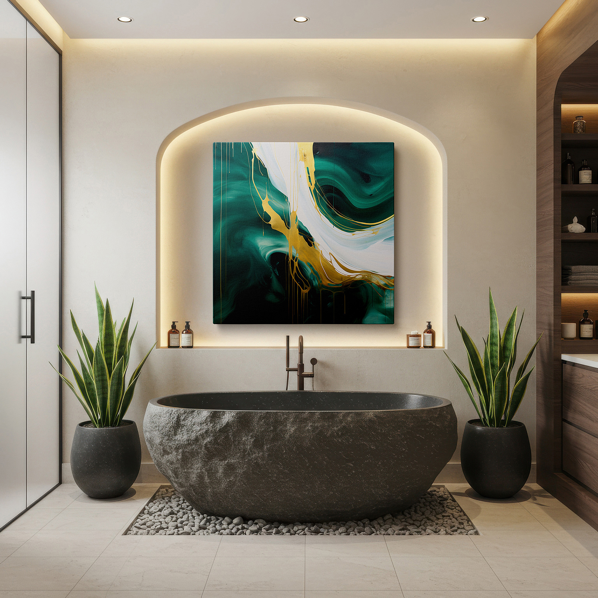 Bold and expansive at 90×60 cm — ideal for making a statement above large furniture — contemporary elegance in lush green and luxurious gold: large wall art, canvas wall art, wall decor for offices