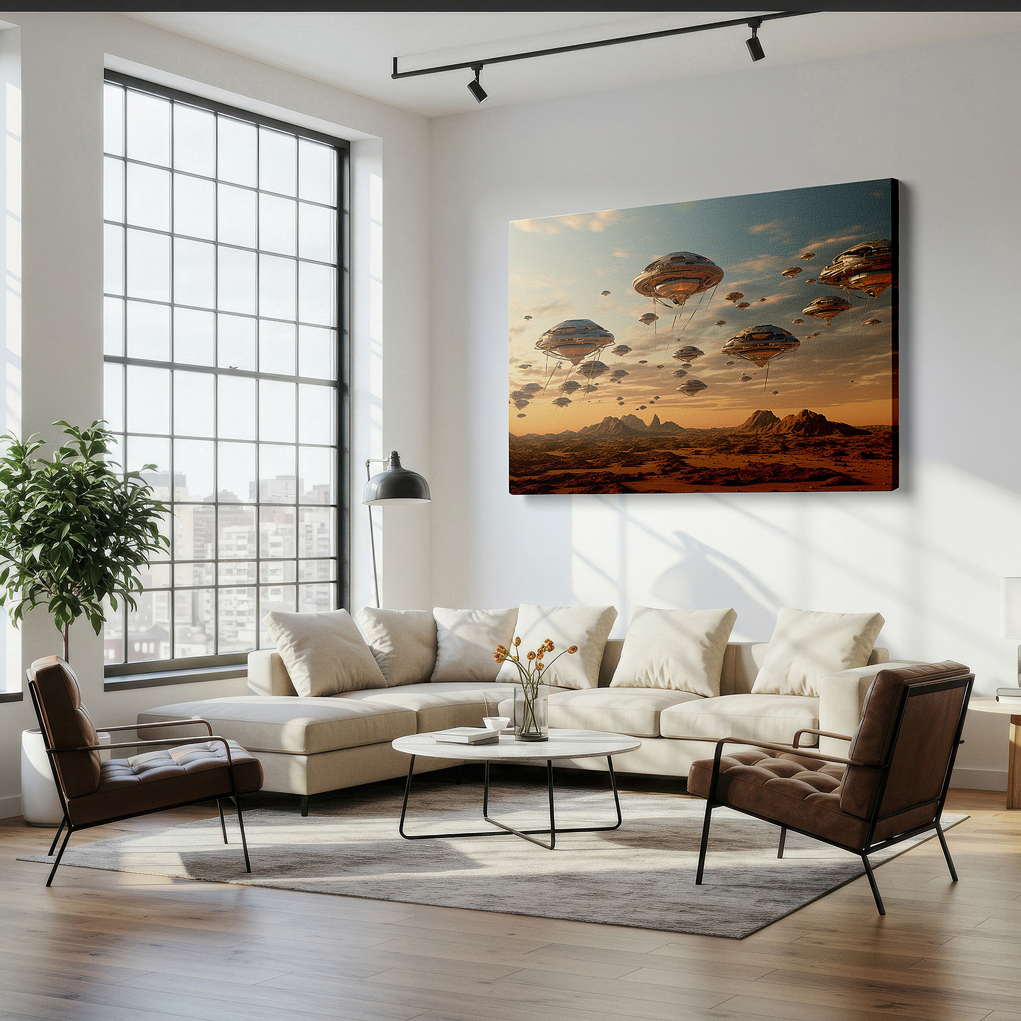 Bold and expansive at 90×60 cm — ideal for making a statement above large furniture — desert dawn and cosmic mystery: ufo-themed large wall art, canvas decor for office, bedroom, and living room