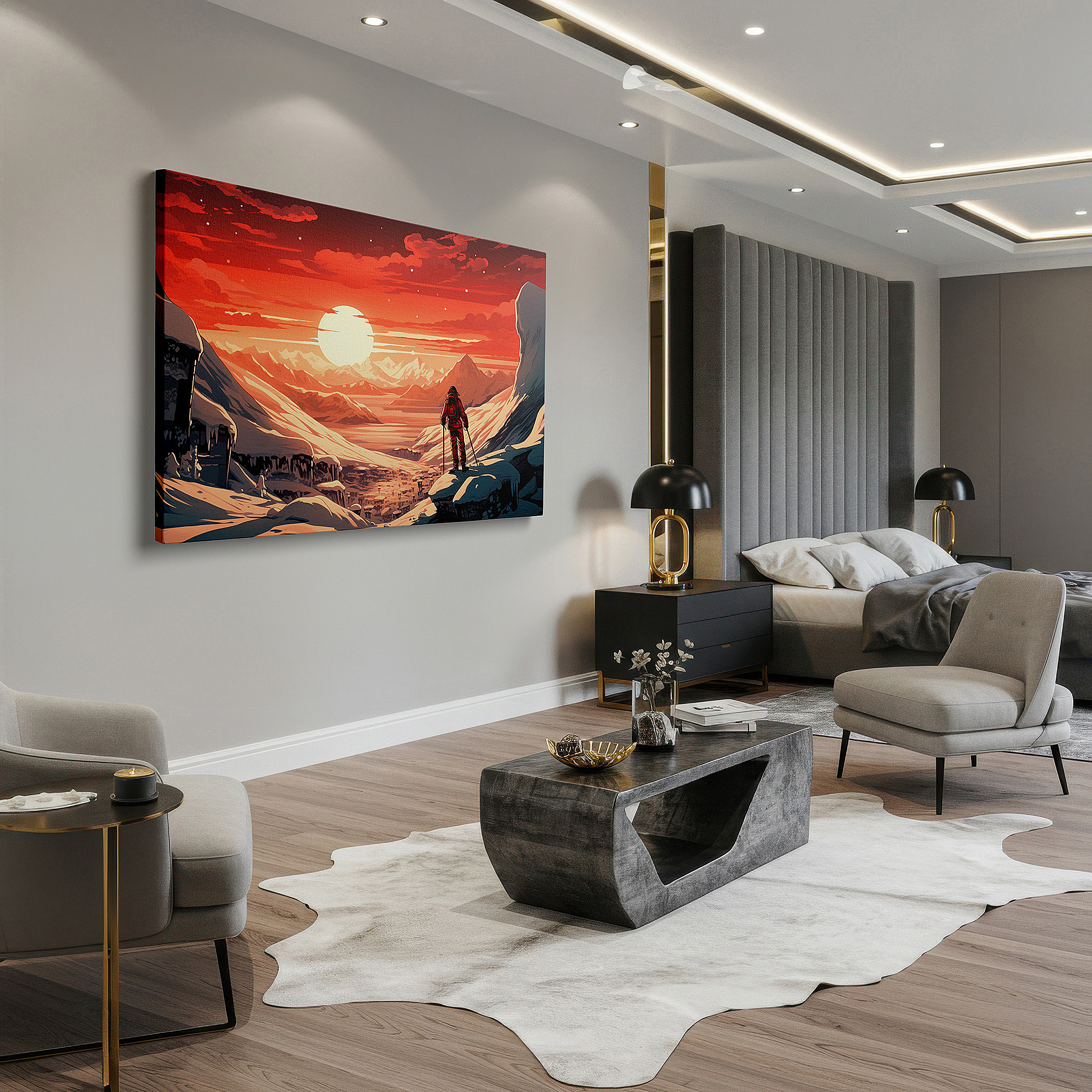 Bold and expansive at 90×60 cm — ideal for making a statement above large furniture — dusk triumph - mountaineer's victory over snow-capped peaks under a majestic sunset large wall art, canvas wall art, wall decor, office wall art