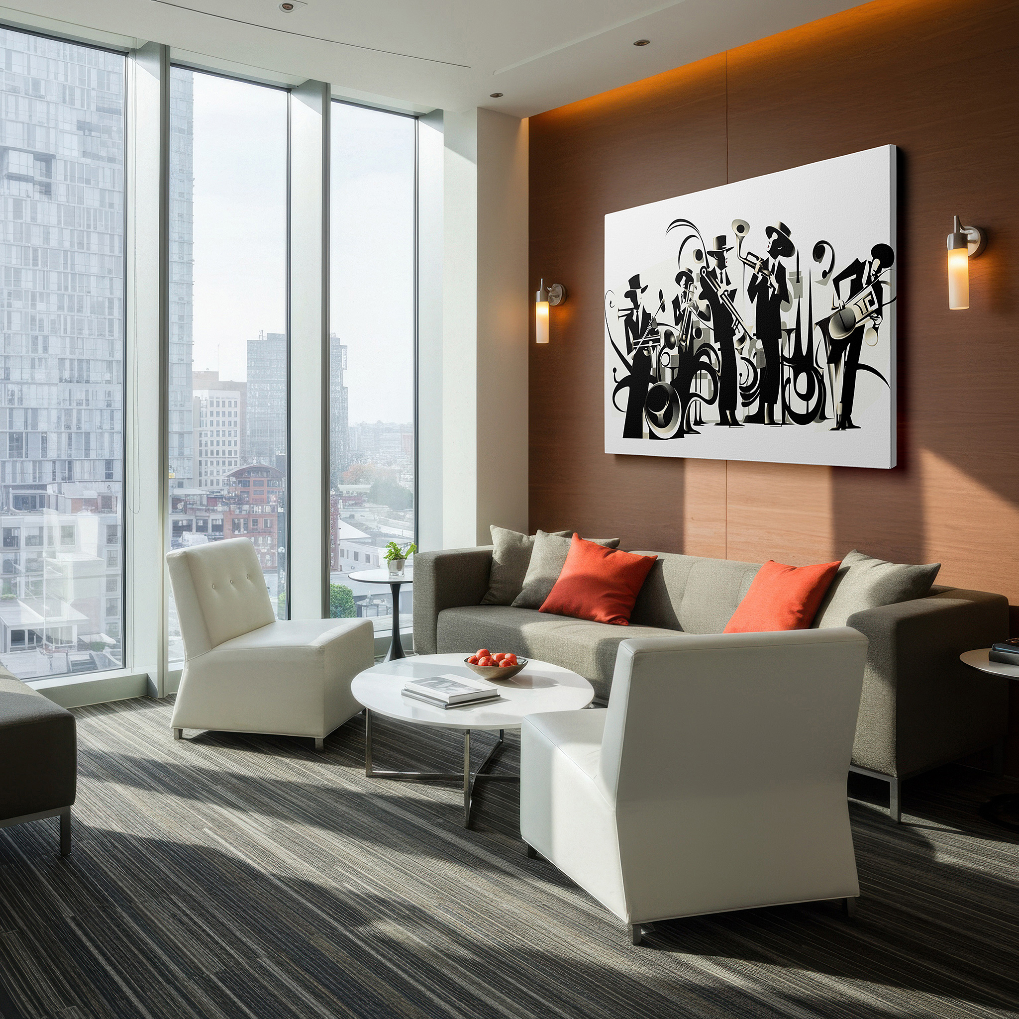 Bold and expansive at 90×60 cm — ideal for making a statement above large furniture — dynamic jazz band canvas art: live music essence in vibrant colors and abstract design, perfect for large wall spaces