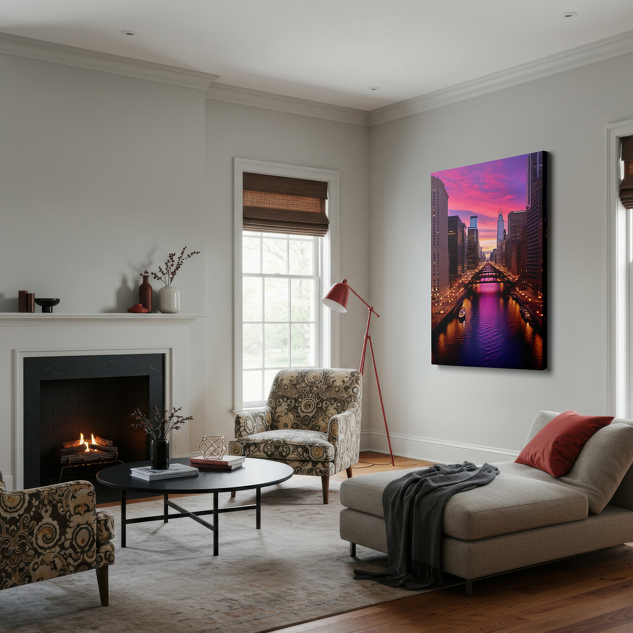 Bold and expansive at 90×60 cm — ideal for making a statement above large furniture — dynamic sunset and skyline reflections over the chicago river - large canvas wall art for office decor