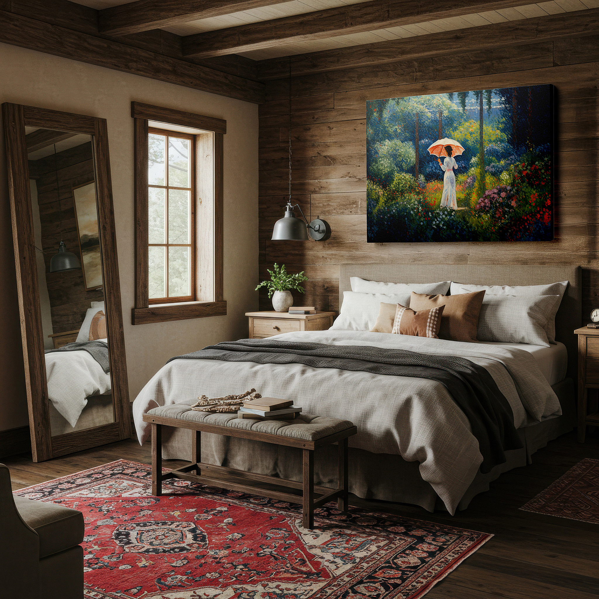 Bold and expansive at 90×60 cm — ideal for making a statement above large furniture — elegant lady in verdant garden with sunlit umbrella, oversized wall art, canvas decor for office, bedroom, and living room
