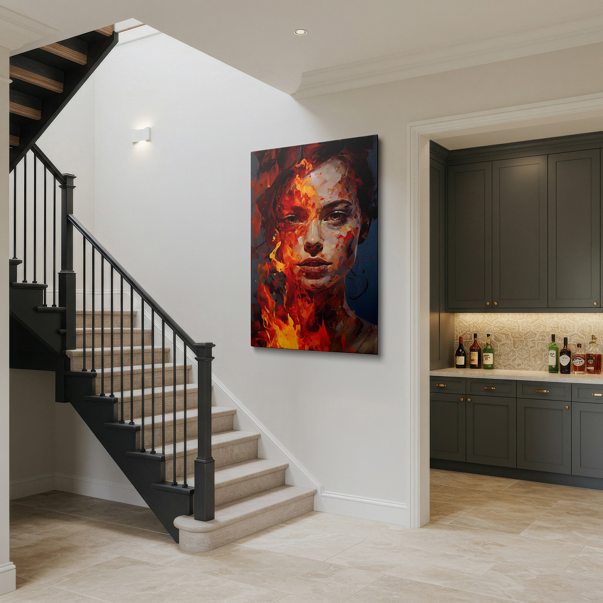 Bold and expansive at 90×60 cm — ideal for making a statement above large furniture — flames of passion and resilience in a woman's intense gaze: large wall art, canvas wall art, wall decor for office, bedroom, and living room
