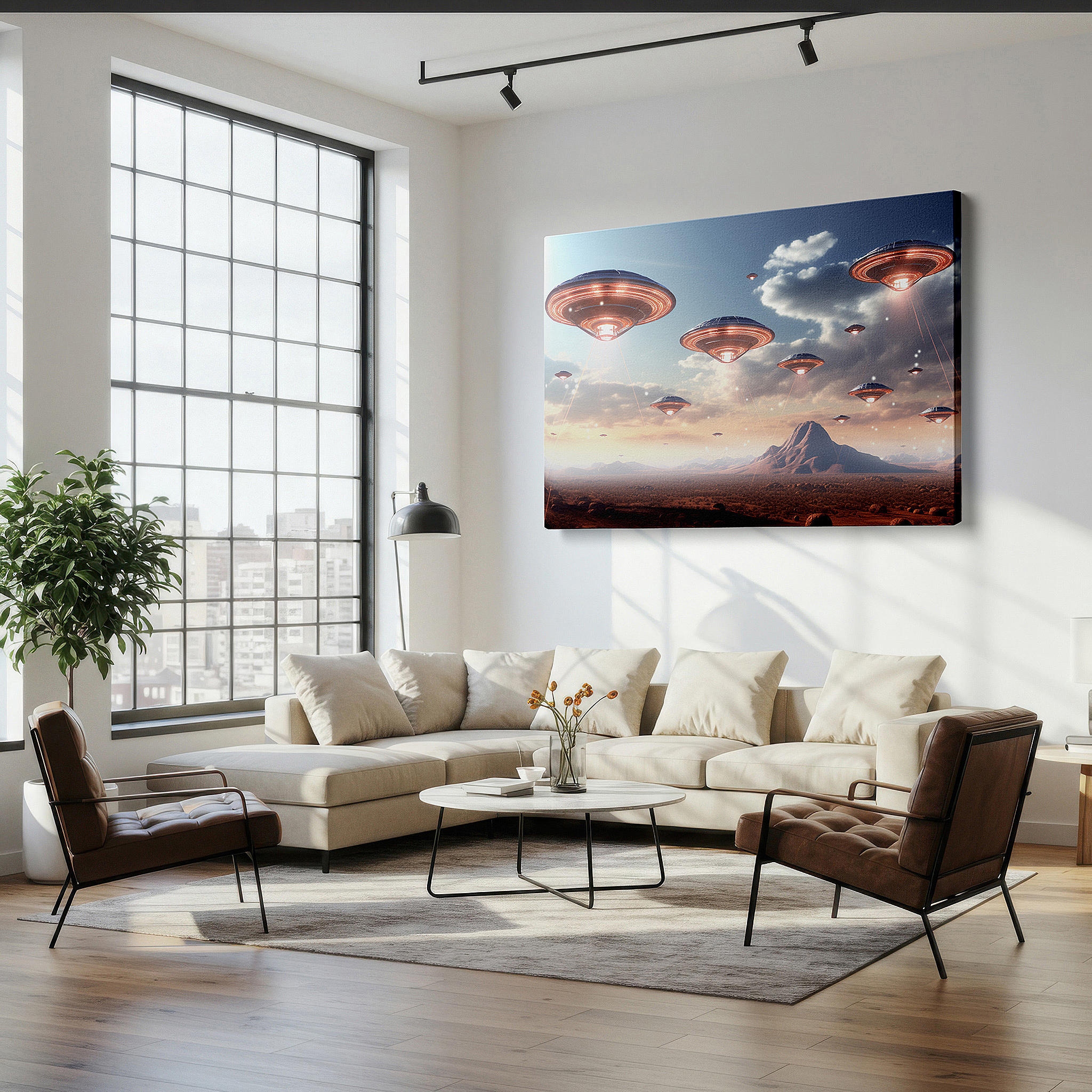 Bold and expansive at 90×60 cm — ideal for making a statement above large furniture — futuristic alien landscape wall art featuring metallic ufos and jagged mountains - large canvas for office or bedroom decor