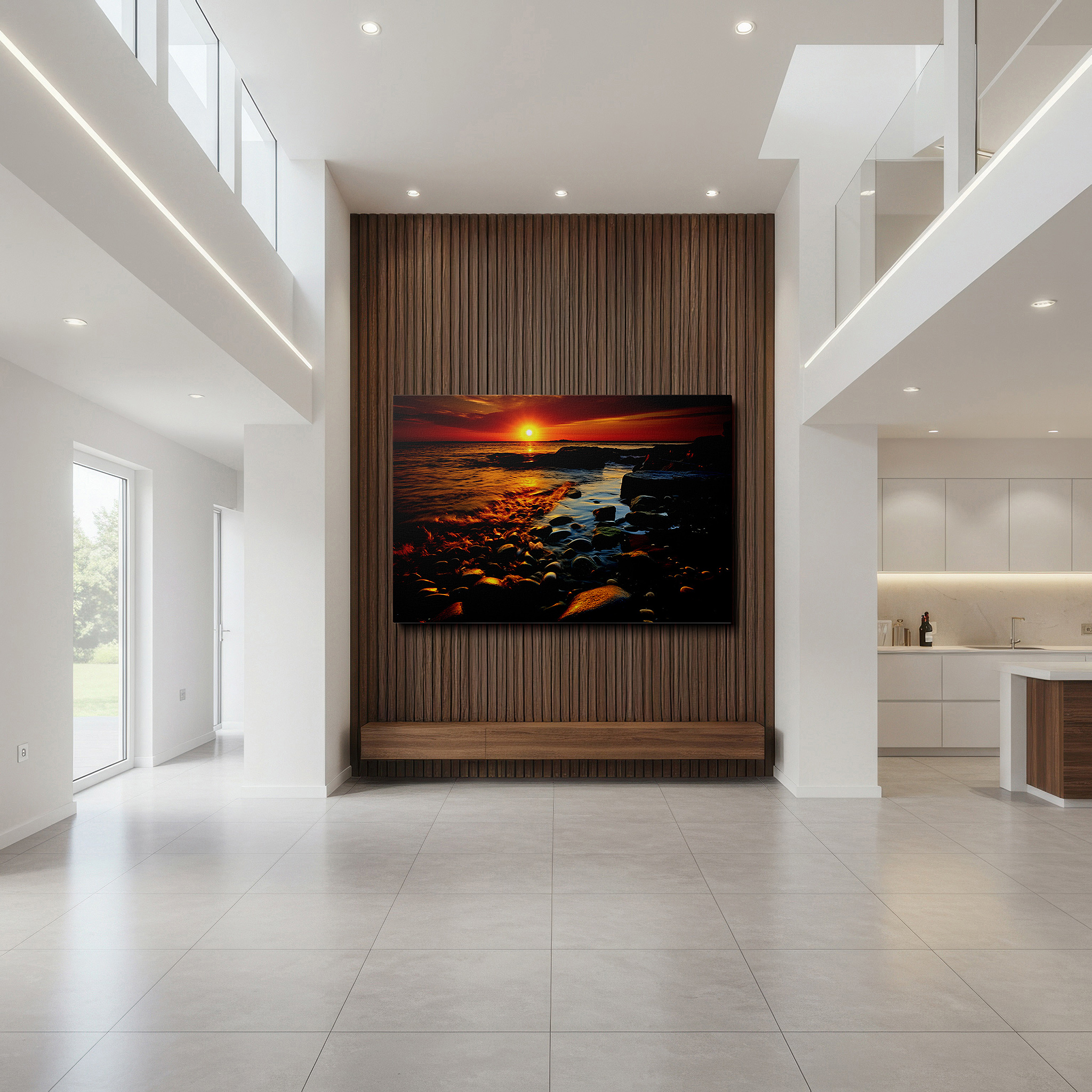 Bold and expansive at 90×60 cm — ideal for making a statement above large furniture — golden hour seaside glow: waves crashing on rugged rocks beneath a radiant sunset - large canvas wall art for home and office decor