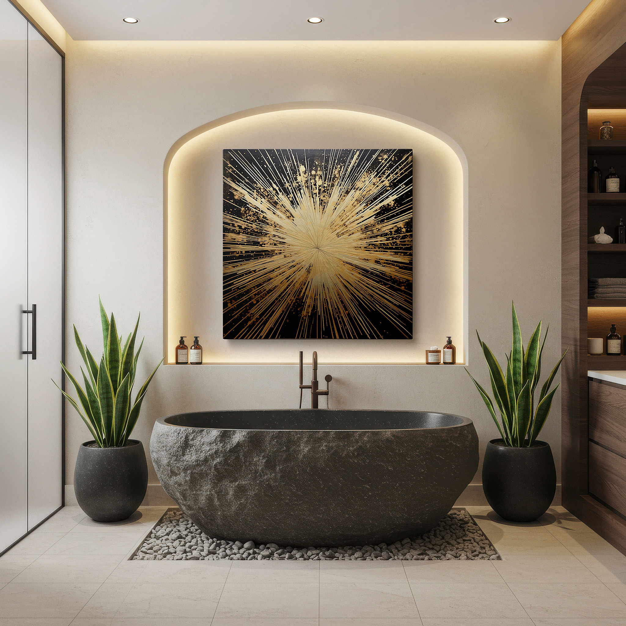 Bold and expansive at 90×60 cm — ideal for making a statement above large furniture — golden splashes on a dark textured background large wall art, canvas wall art, wall decor for office and bedroom