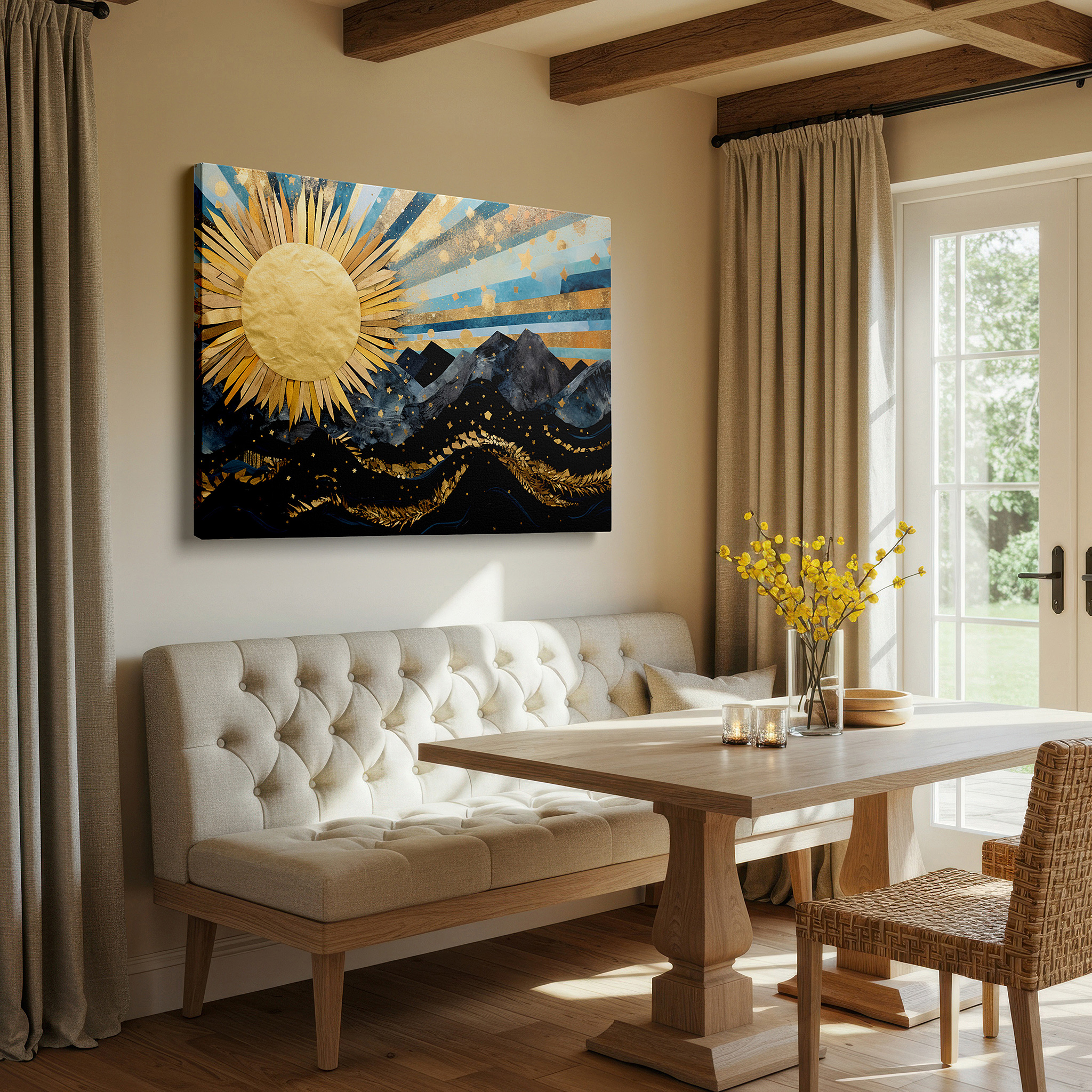 Bold and expansive at 90×60 cm — ideal for making a statement above large furniture — golden sunlight over majestic mountains and rhythmic ocean waves: large canvas wall art for office and bedroom decor