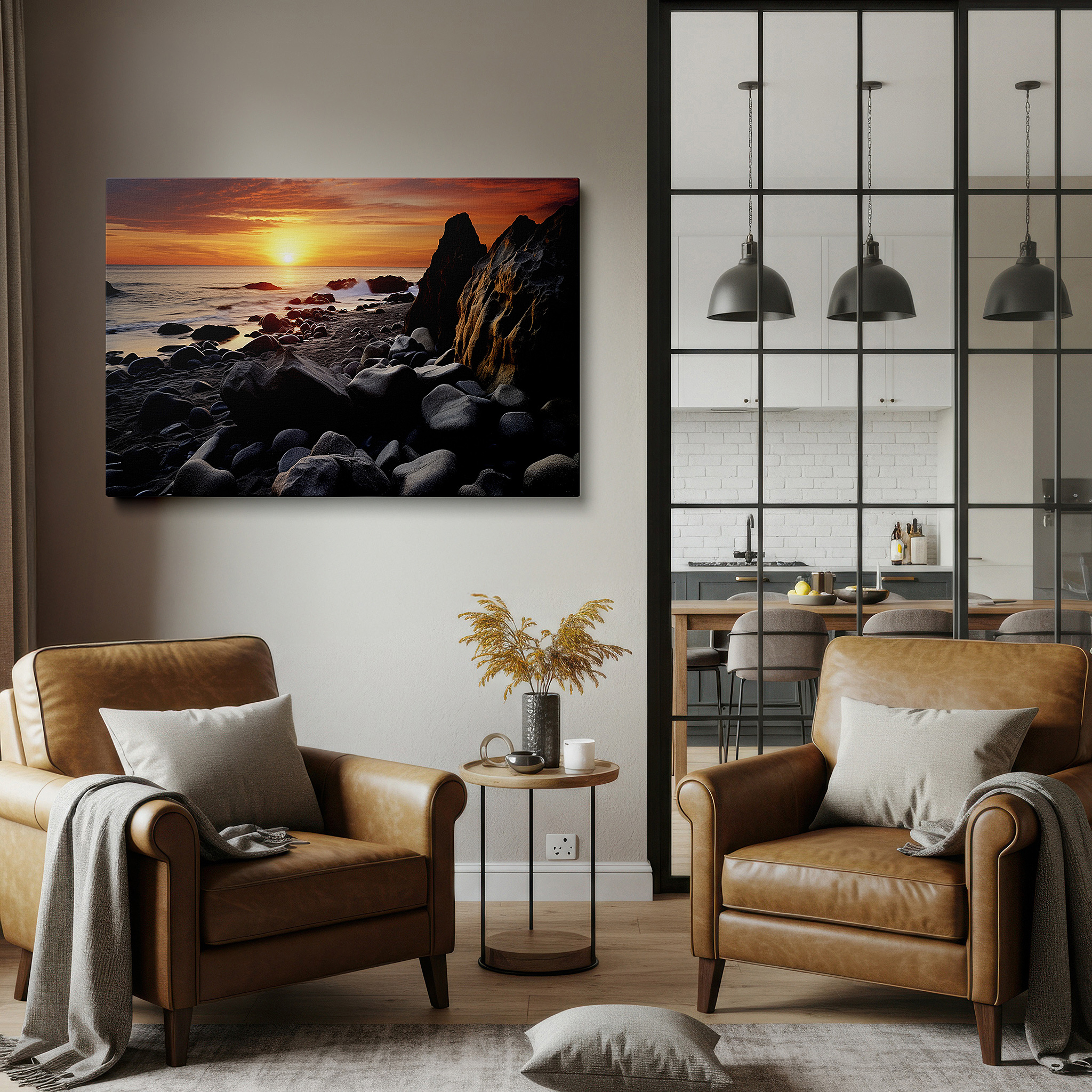 Bold and expansive at 90×60 cm — ideal for making a statement above large furniture — golden sunset over rugged coastline, tranquil coastal evening large wall art, canvas wall art, wall decor for office and bedroom