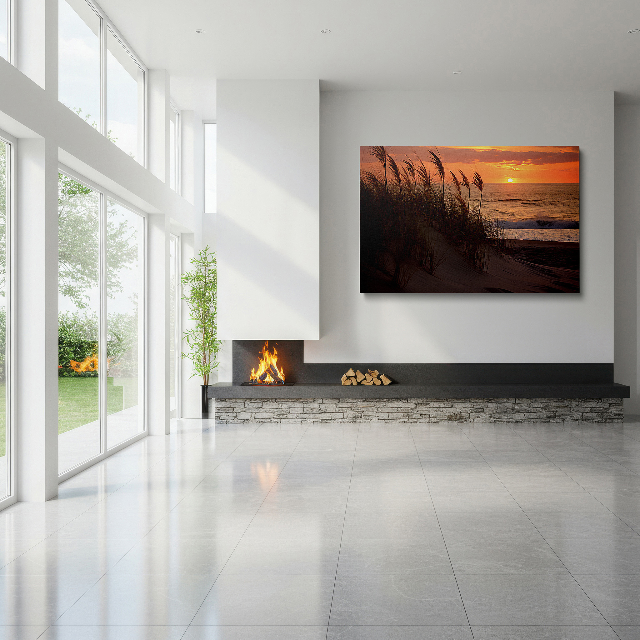Bold and expansive at 90×60 cm — ideal for making a statement above large furniture — golden sunset above sandy dunes featuring swaying grass and calming sea waves - large canvas wall art for office and bedroom decor