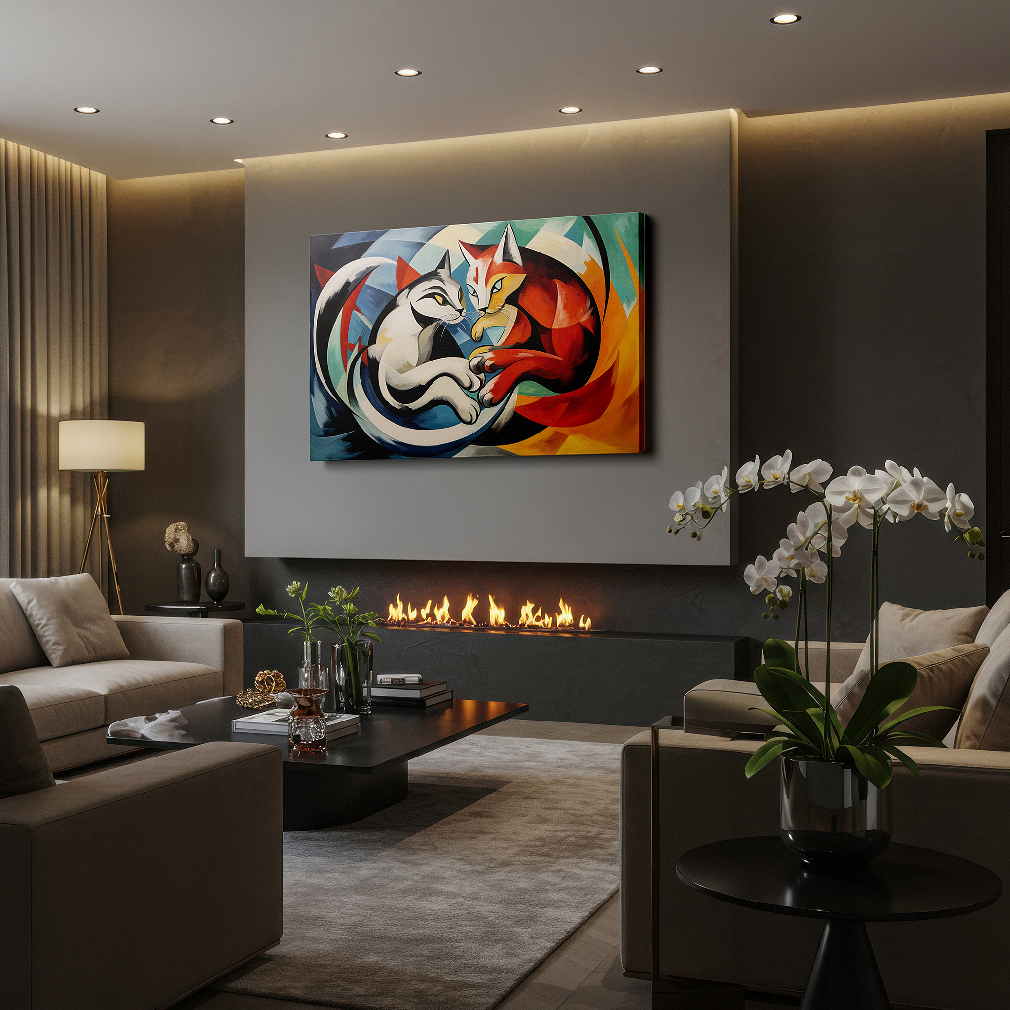 Bold and expansive at 90×60 cm — ideal for making a statement above large furniture — joyful dance of black and red cats: a kaleidoscope of joy - large canvas wall art for office, bedroom, and living room decor