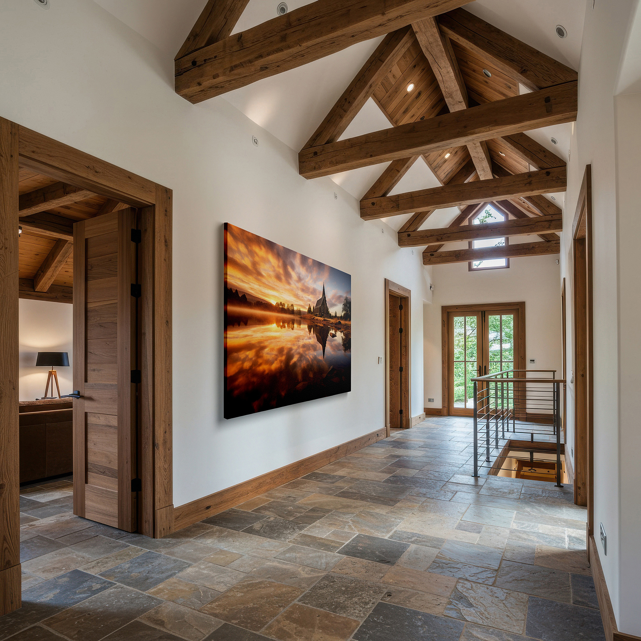 Bold and expansive at 90×60 cm — ideal for making a statement above large furniture — lakeside church sunrise serenity: a harmonious blend of nature and architecture - large canvas wall art for office decor