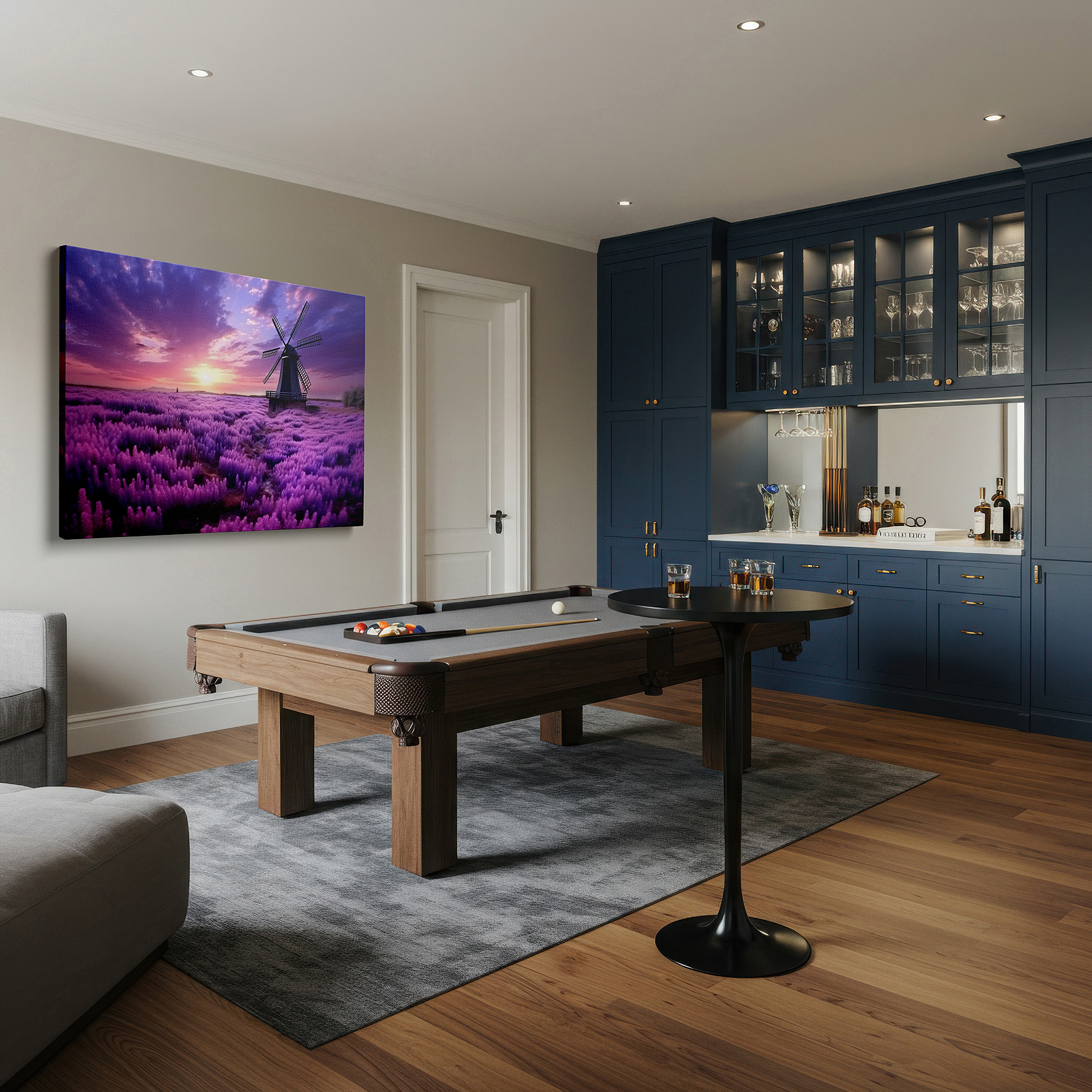 Bold and expansive at 90×60 cm — ideal for making a statement above large furniture — lavender fields and rustic windmill against a fiery sunset sky - large canvas wall art for office, bedroom, and living room decor
