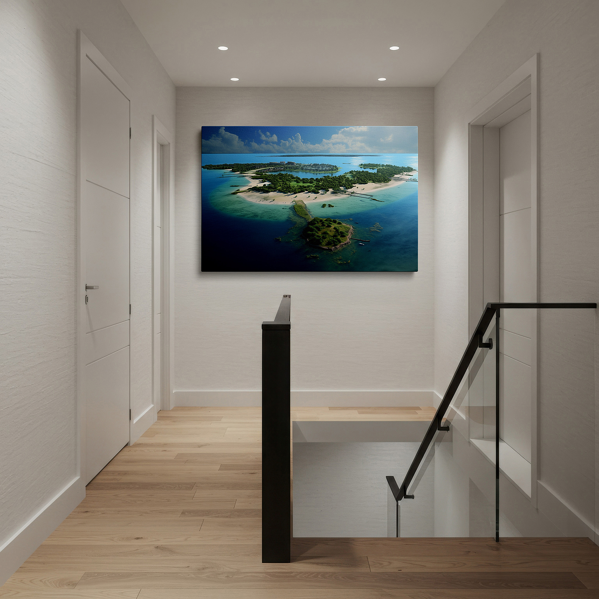 Bold and expansive at 90×60 cm — ideal for making a statement above large furniture — lush greenery and azure waters aerial view large canvas wall art, perfect for office, bedroom, and living room decor