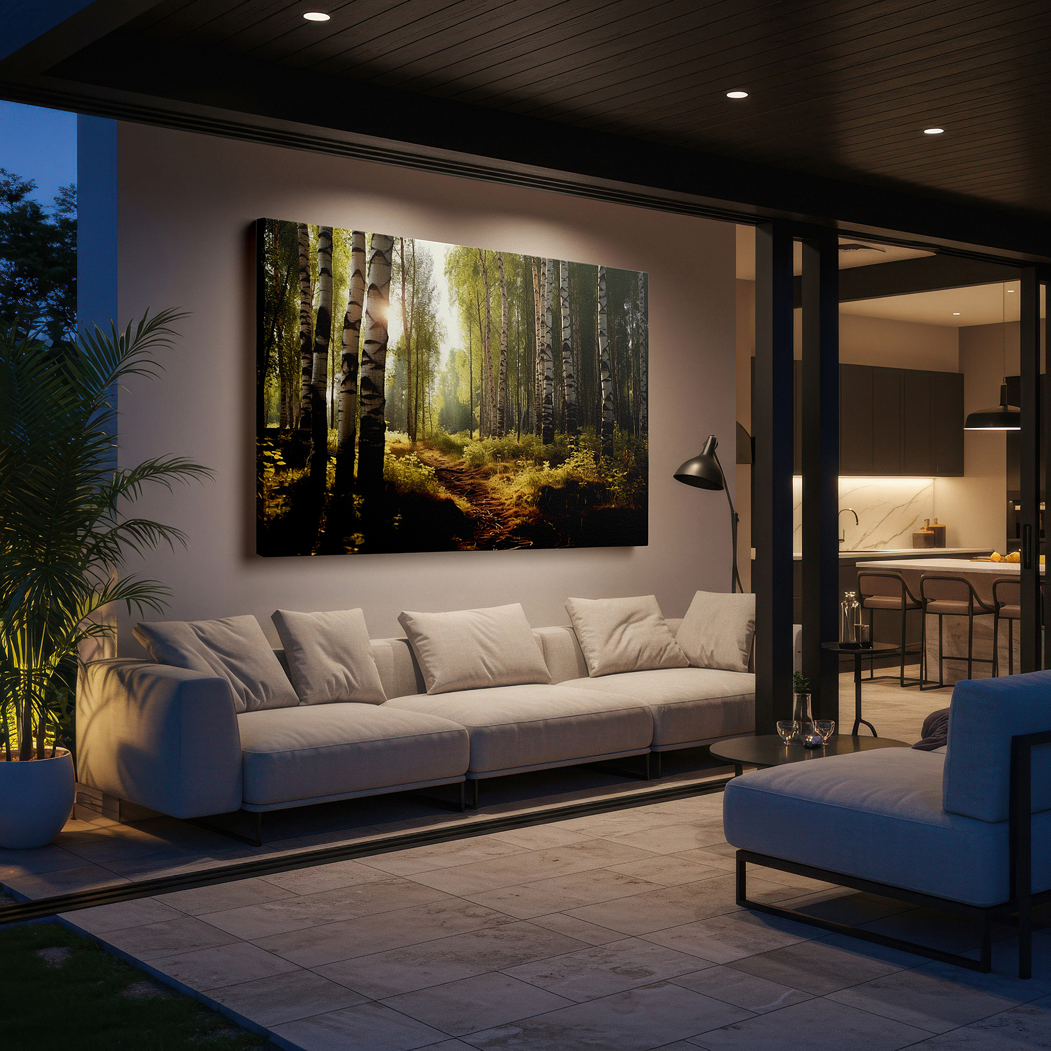 Bold and expansive at 90×60 cm — ideal for making a statement above large furniture — majestic birches and dancing light in a lush forest sanctuary: large canvas wall art for office, living room, and bedroom decor