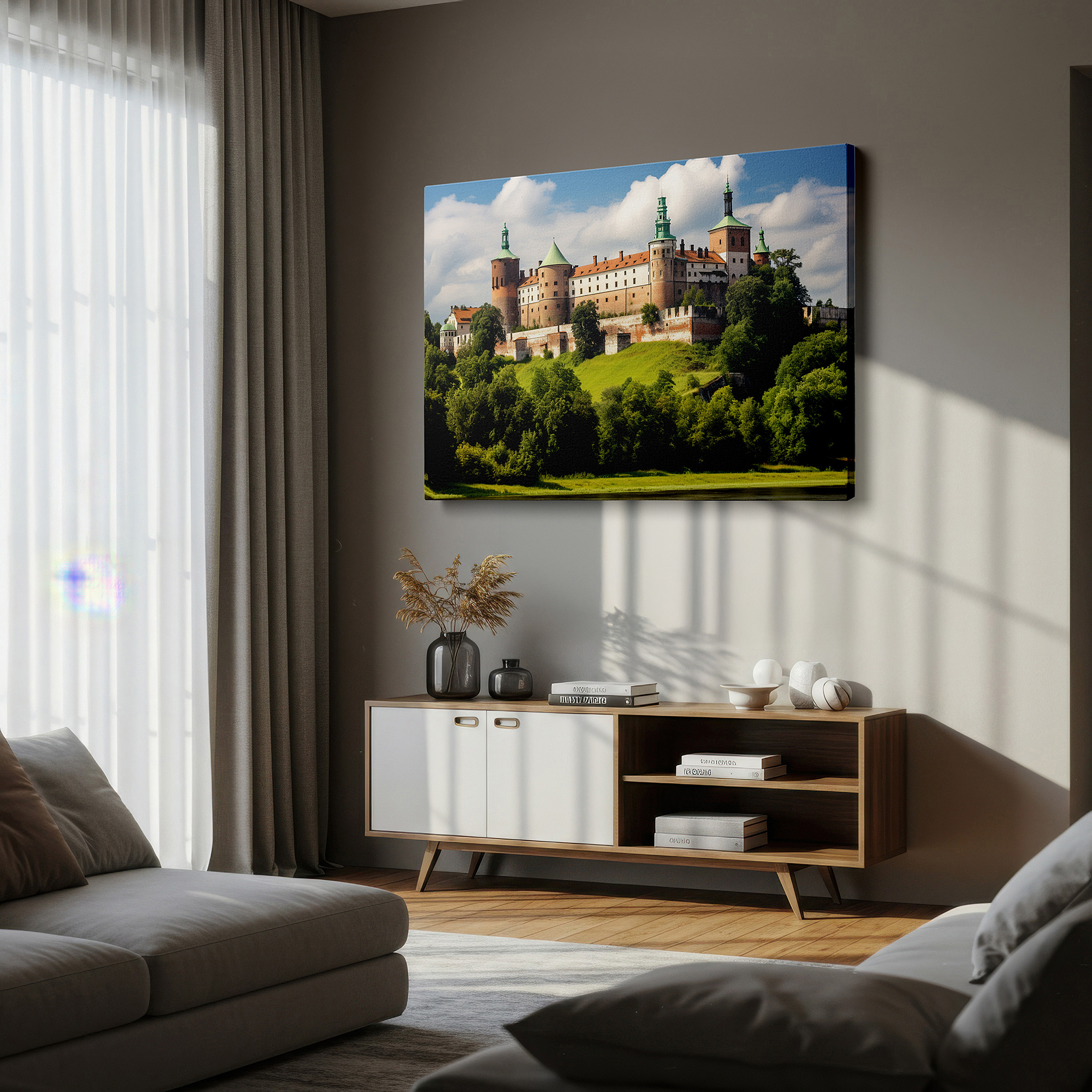 Bold and expansive at 90×60 cm — ideal for making a statement above large furniture — majestic castle on a hill, medieval splendor surrounded by verdant greenery and peaceful waters - large canvas wall art for office decor