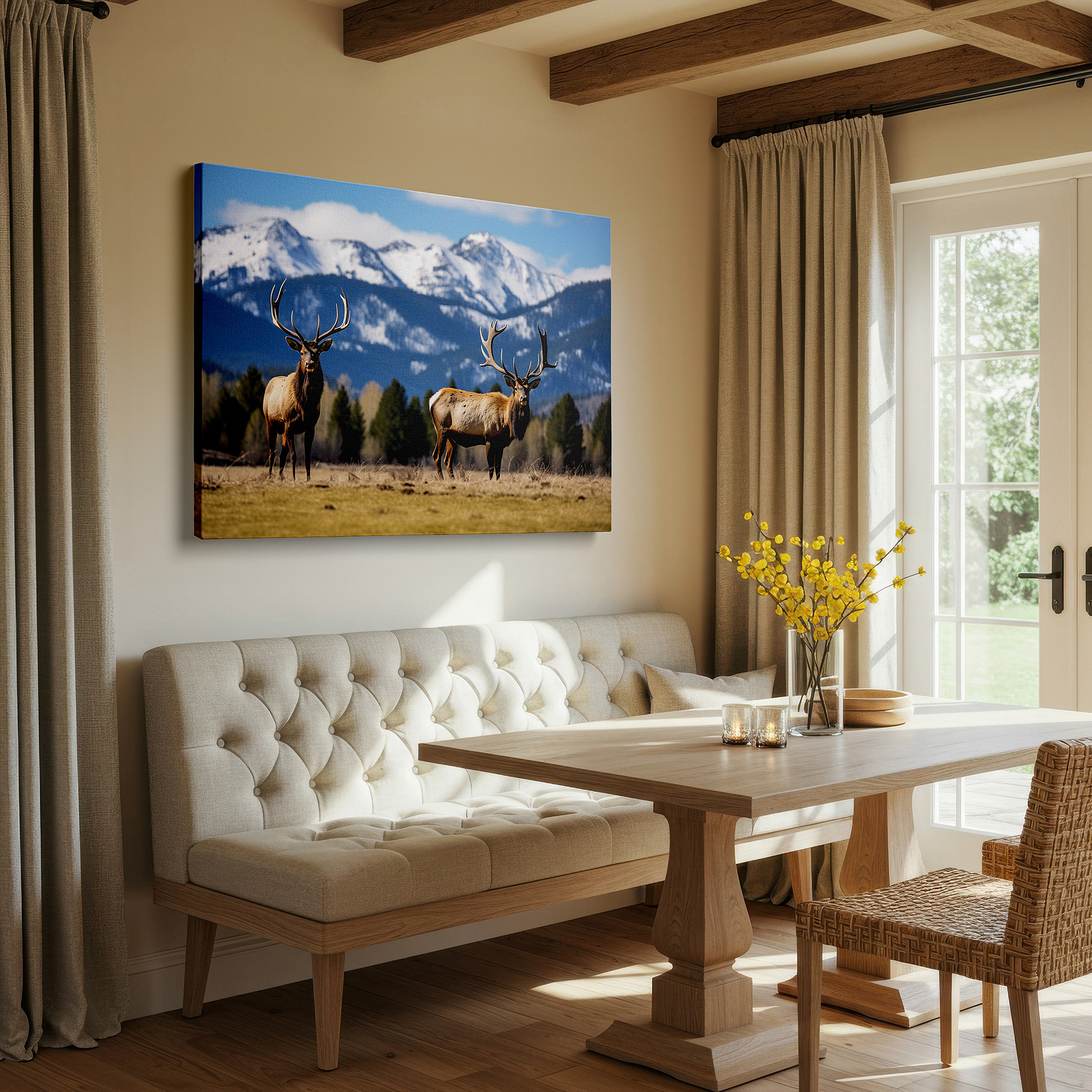 Bold and expansive at 90×60 cm — ideal for making a statement above large furniture — majestic elk in expansive grassy field with snow-capped mountains panoramic large wall art, canvas wall decor for office and bedroom