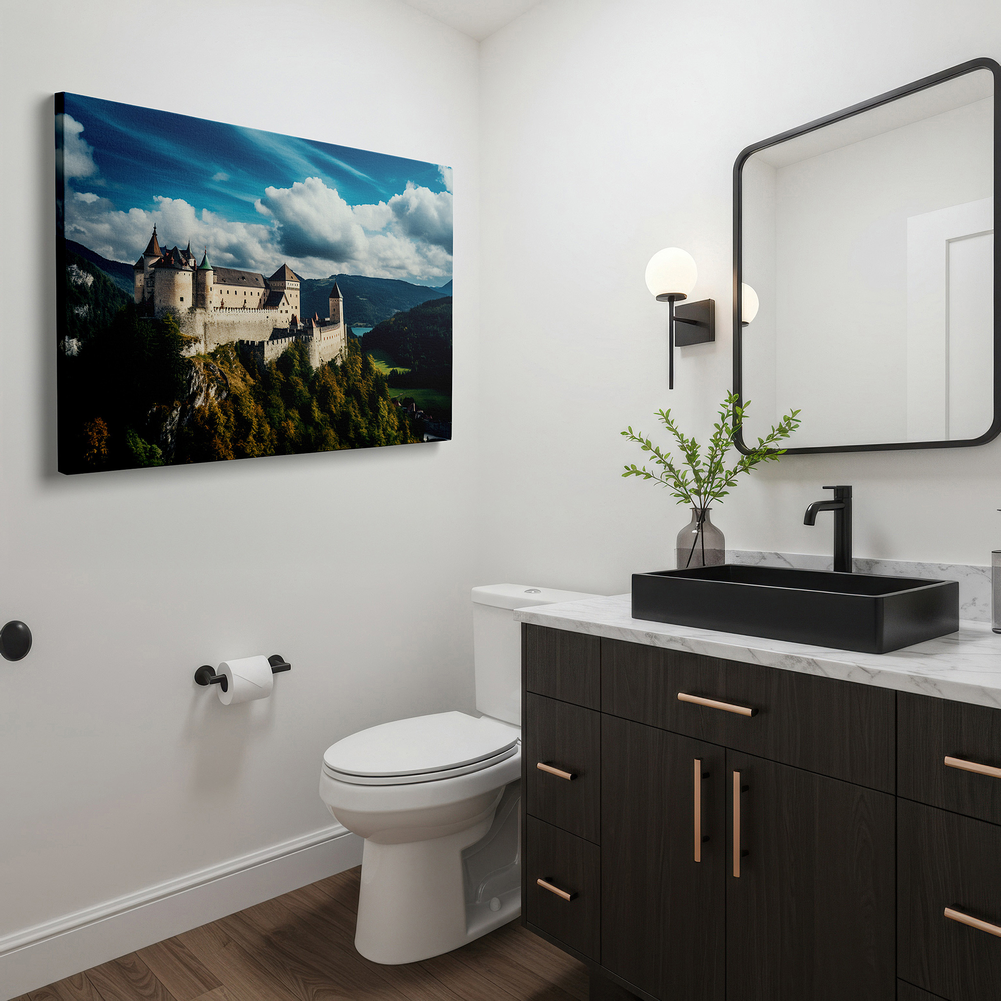 Bold and expansive at 90×60 cm — ideal for making a statement above large furniture — majestic fortress castle surrounded by rugged mountains: a symbol of timeless strength and architectural excellence - large wall art, canvas wall art, wall decor