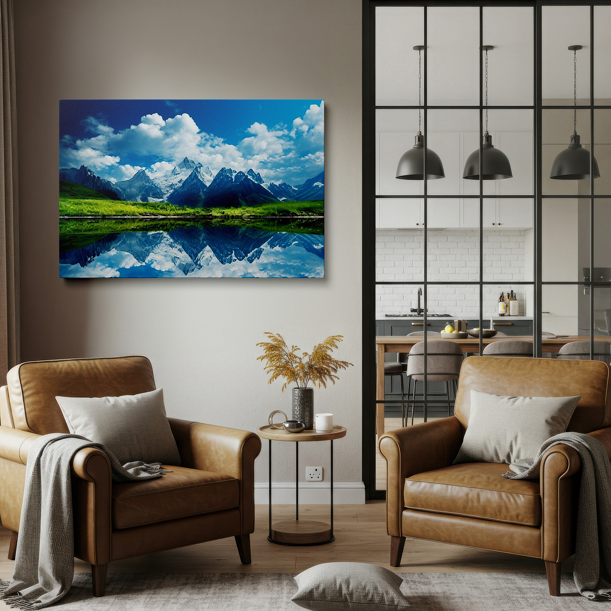 Bold and expansive at 90×60 cm — ideal for making a statement above large furniture — majestic mountains and serene lake - tranquil wilderness reflection large wall art, canvas wall art, wall decor for office and bedroom