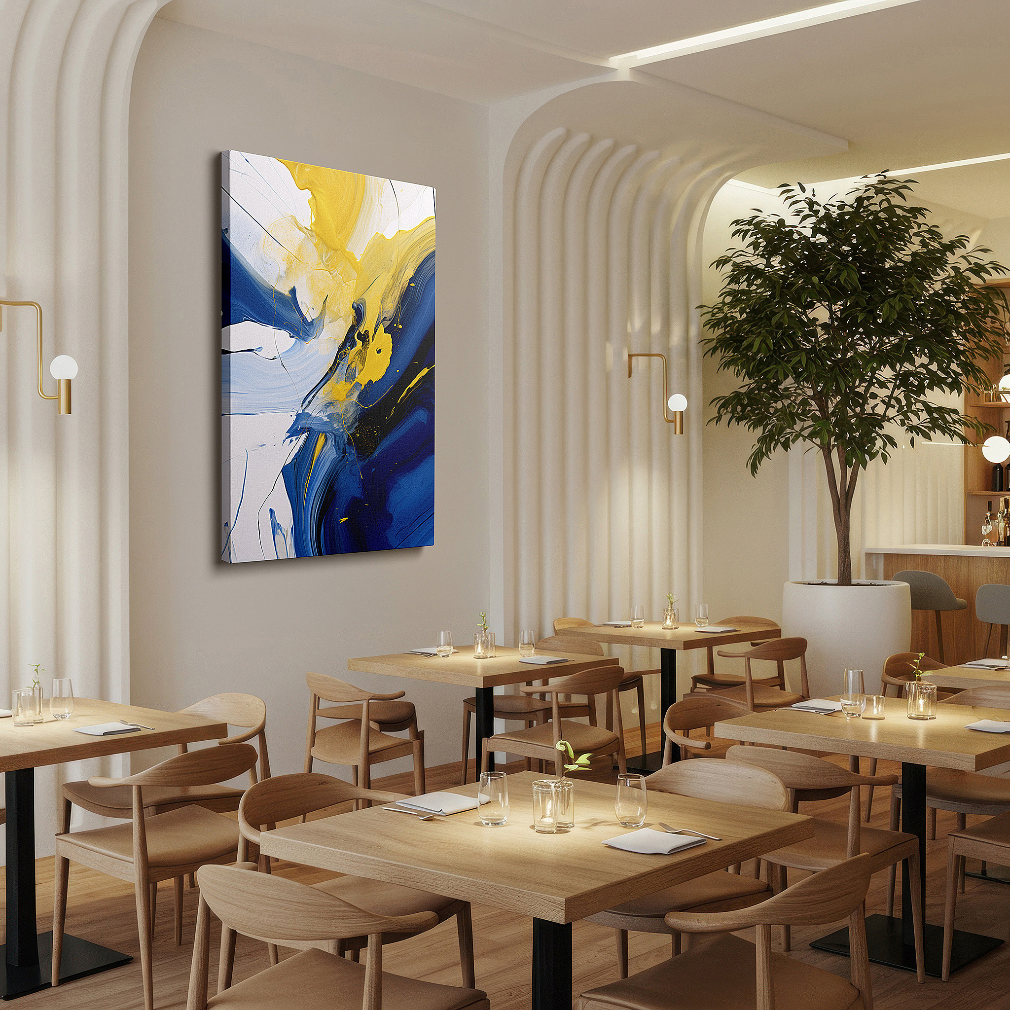 Bold and expansive at 90×60 cm — ideal for making a statement above large furniture — mesmerizing abstract display of dynamic blue and yellow swirls, large canvas wall art for office decor