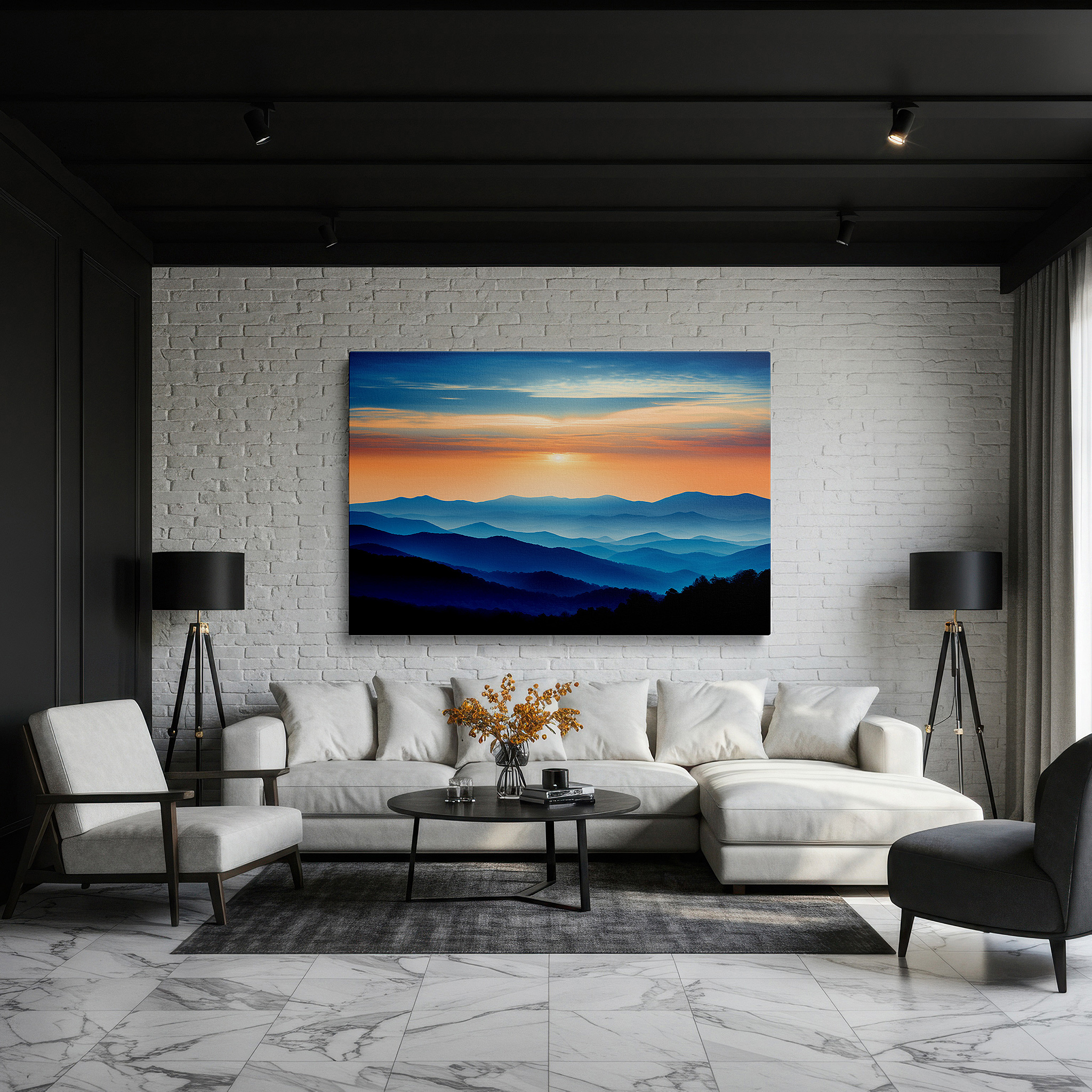 Bold and expansive at 90×60 cm — ideal for making a statement above large furniture — misty blue mountains at tranquil dawn, serene landscape canvas for reflection - large wall art for office and bedroom decor