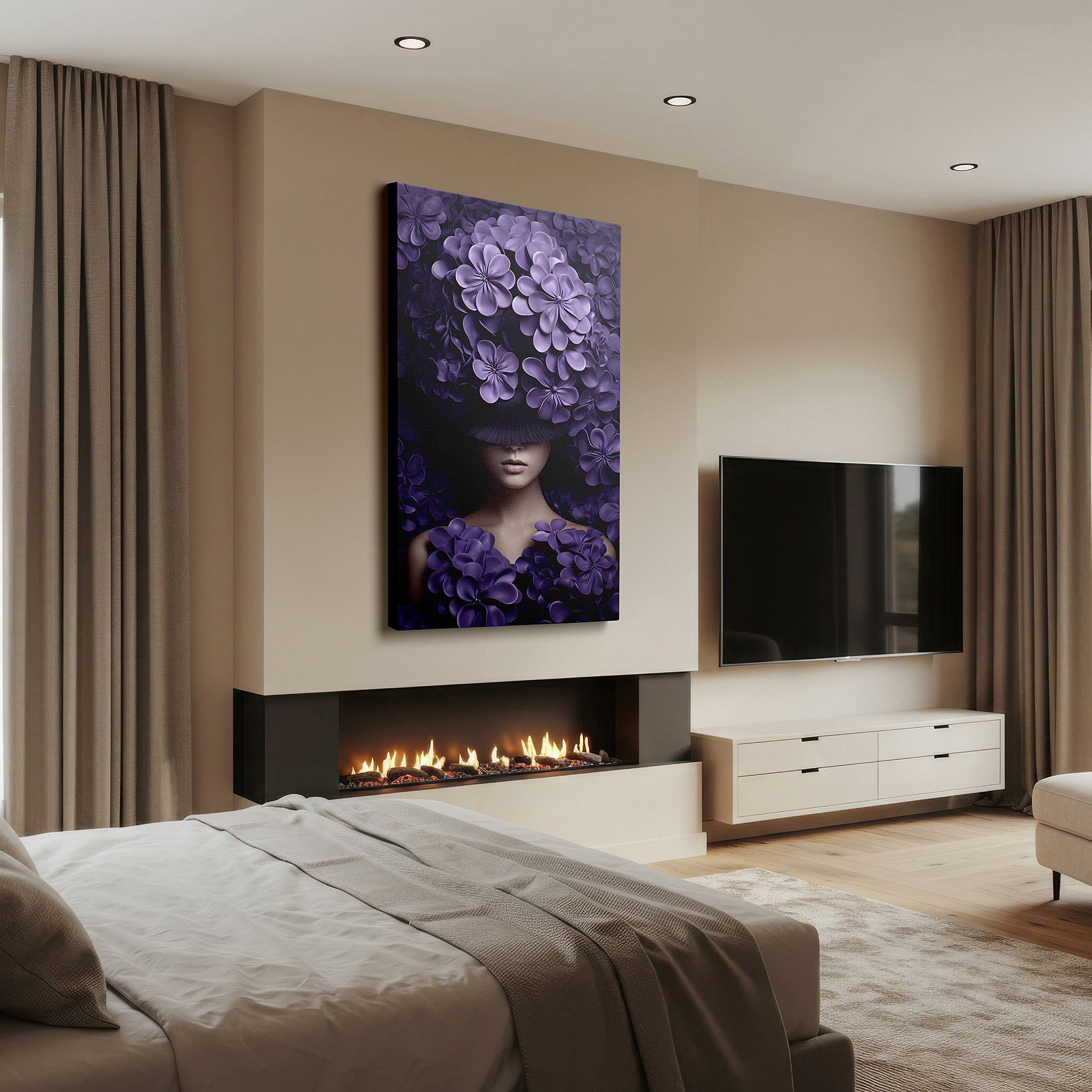 Bold and expansive at 90×60 cm — ideal for making a statement above large furniture — mysterious portrait of a woman shrouded in rich purple flowers, exploring nature and identity, large wall art, canvas wall art, wall decor for office