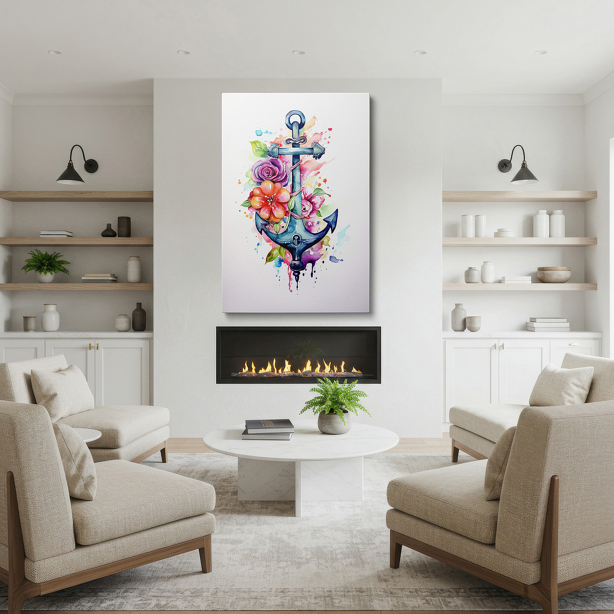 Bold and expansive at 90×60 cm — ideal for making a statement above large furniture — nautical anchor and vivid botanicals wall art - symbolizing strength and grace, perfect for office or bedroom decor, available as large canvas