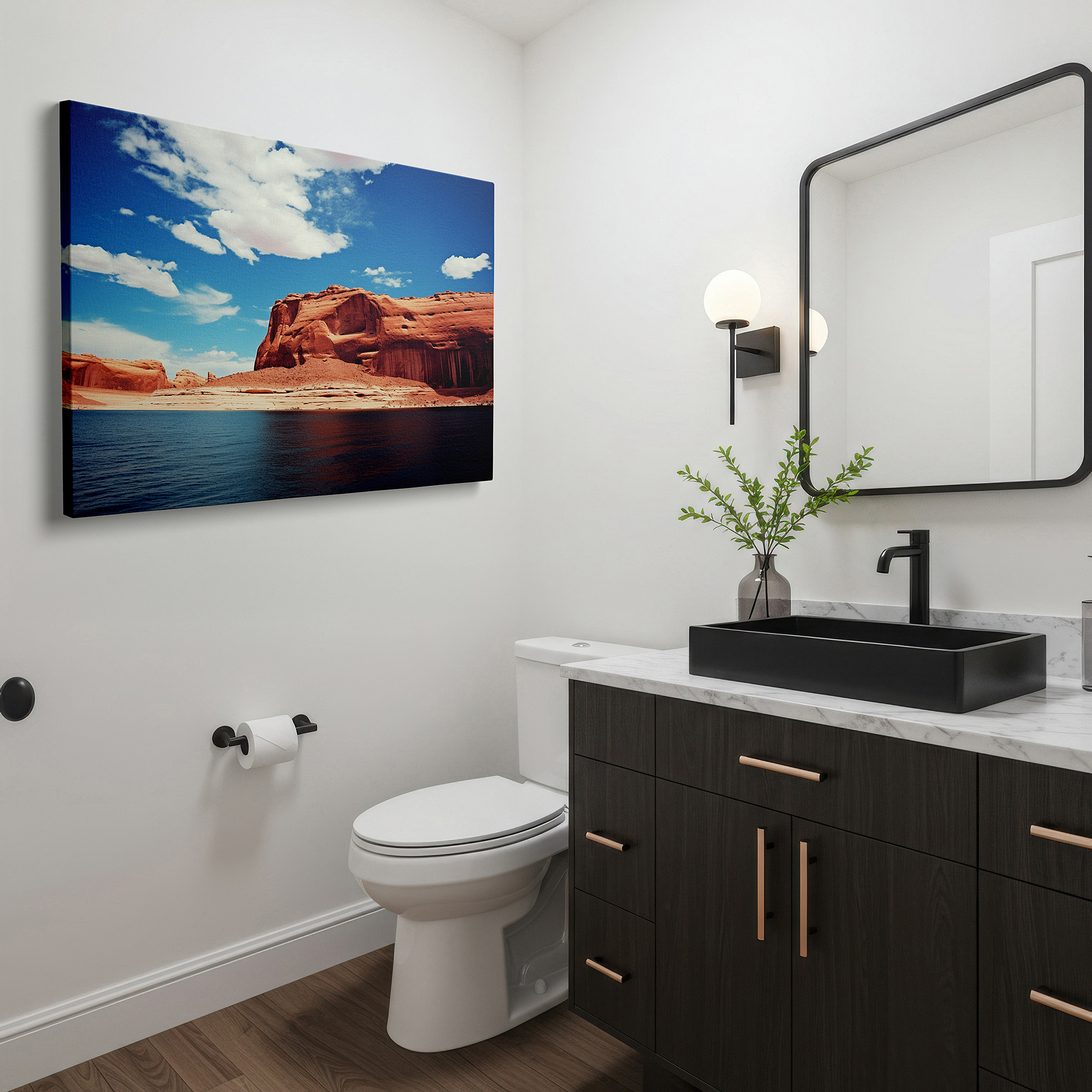 Bold and expansive at 90×60 cm — ideal for making a statement above large furniture — red rocks and reflective waters under a blue sky large canvas wall art for office and bedroom decor