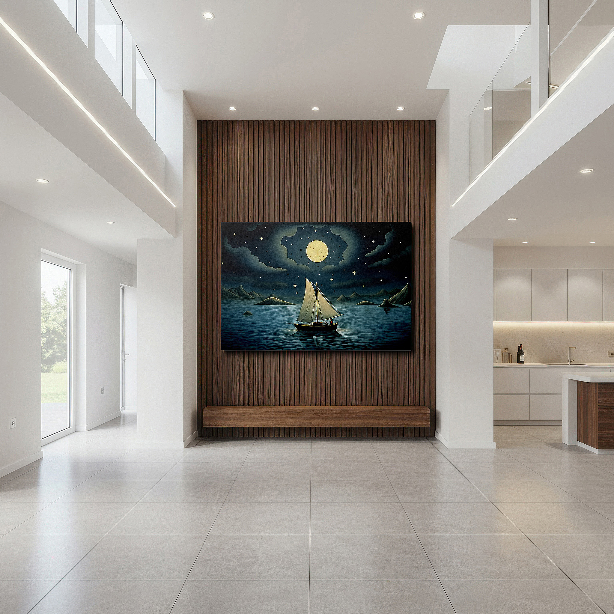 Bold and expansive at 90×60 cm — ideal for making a statement above large furniture — sailboat under starlit skies wall art - tranquil journey across calm waters, large canvas wall decor for office and bedroom