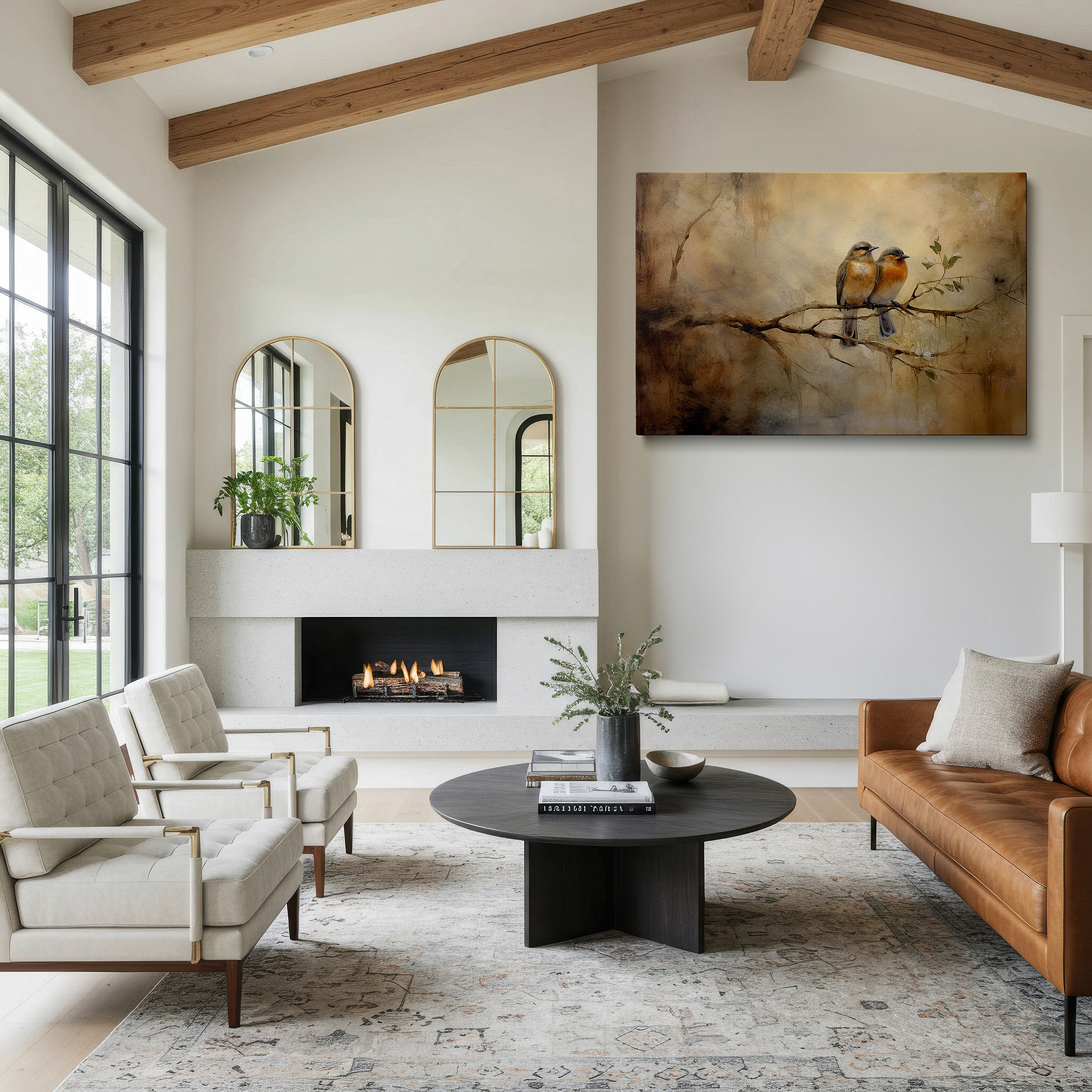 Bold and expansive at 90×60 cm — ideal for making a statement above large furniture — serene birds on a branch: a tranquil blend of nature and mysticism - large canvas wall art for office and bedroom decor