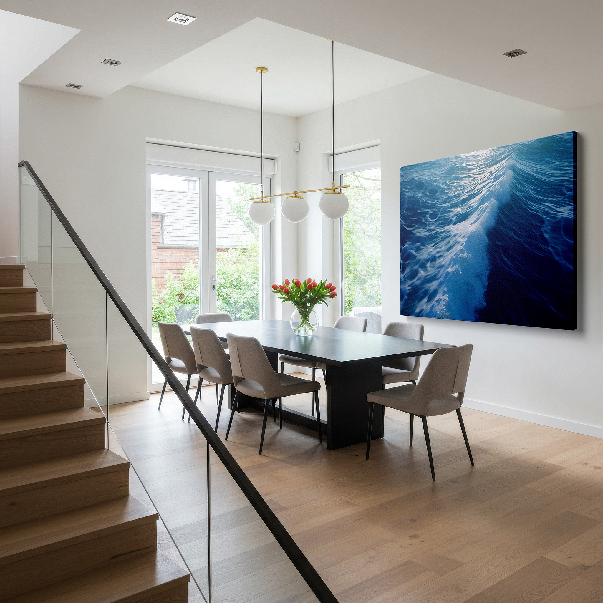 Bold and expansive at 90×60 cm — ideal for making a statement above large furniture — serene blues symphony: radiant sunlight and gentle waves - large canvas wall art for office and bedroom decor