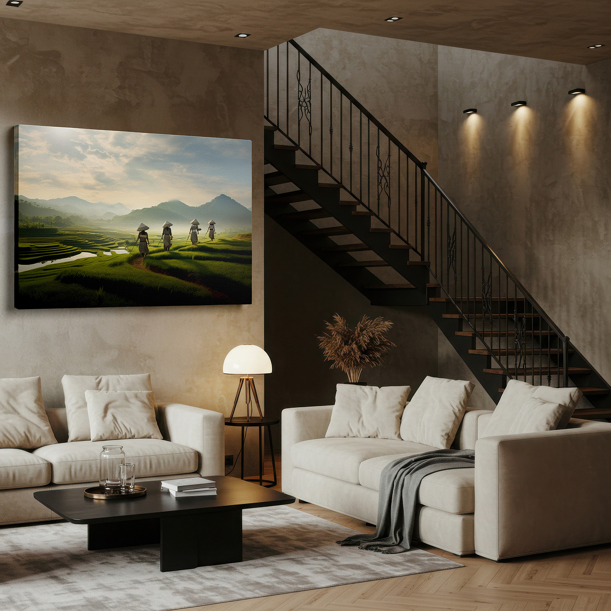 Bold and expansive at 90×60 cm — ideal for making a statement above large furniture — serene depiction of countryside living and connection with nature in verdant rice terraces wall art, suitable for office and bedroom decor