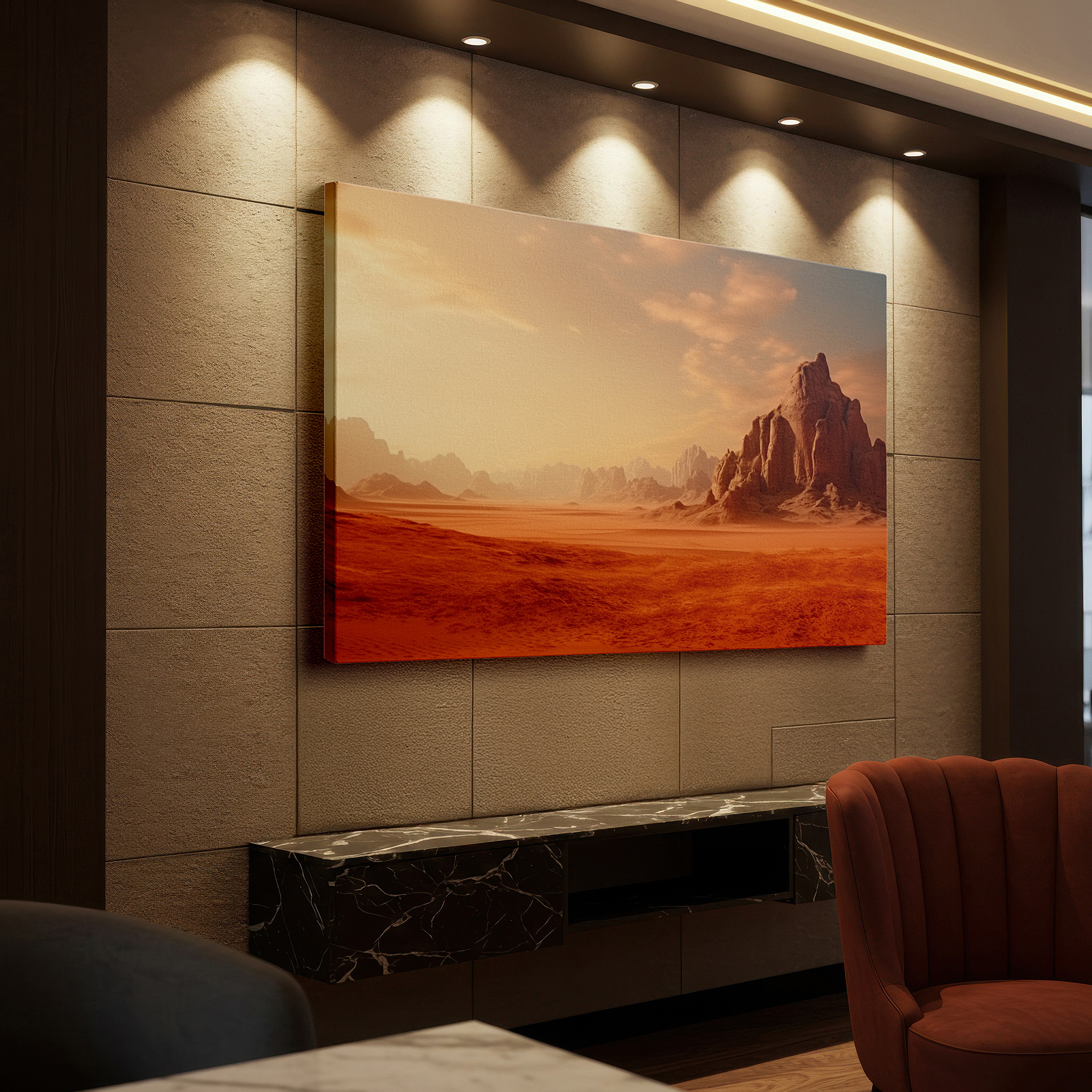 Bold and expansive at 90×60 cm — ideal for making a statement above large furniture — serene desert scene with grand rock structures and earthy tones - large canvas wall art for office and bedroom decor