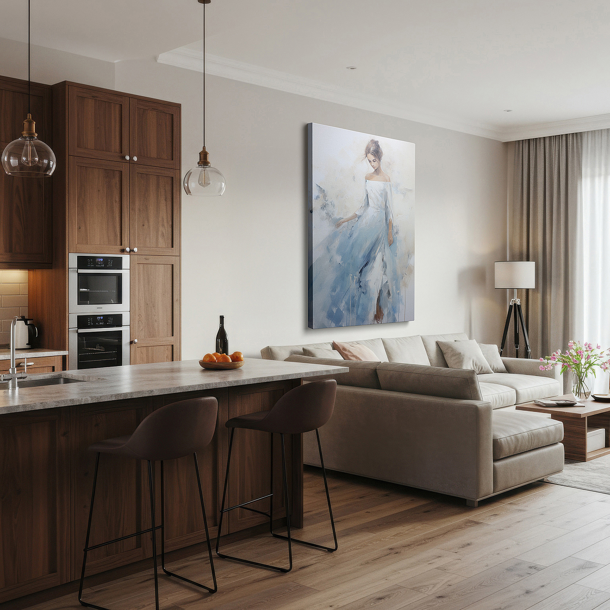 Bold and expansive at 90×60 cm — ideal for making a statement above large furniture — serene ethereal woman in flowing gown large canvas wall art for office and bedroom decor