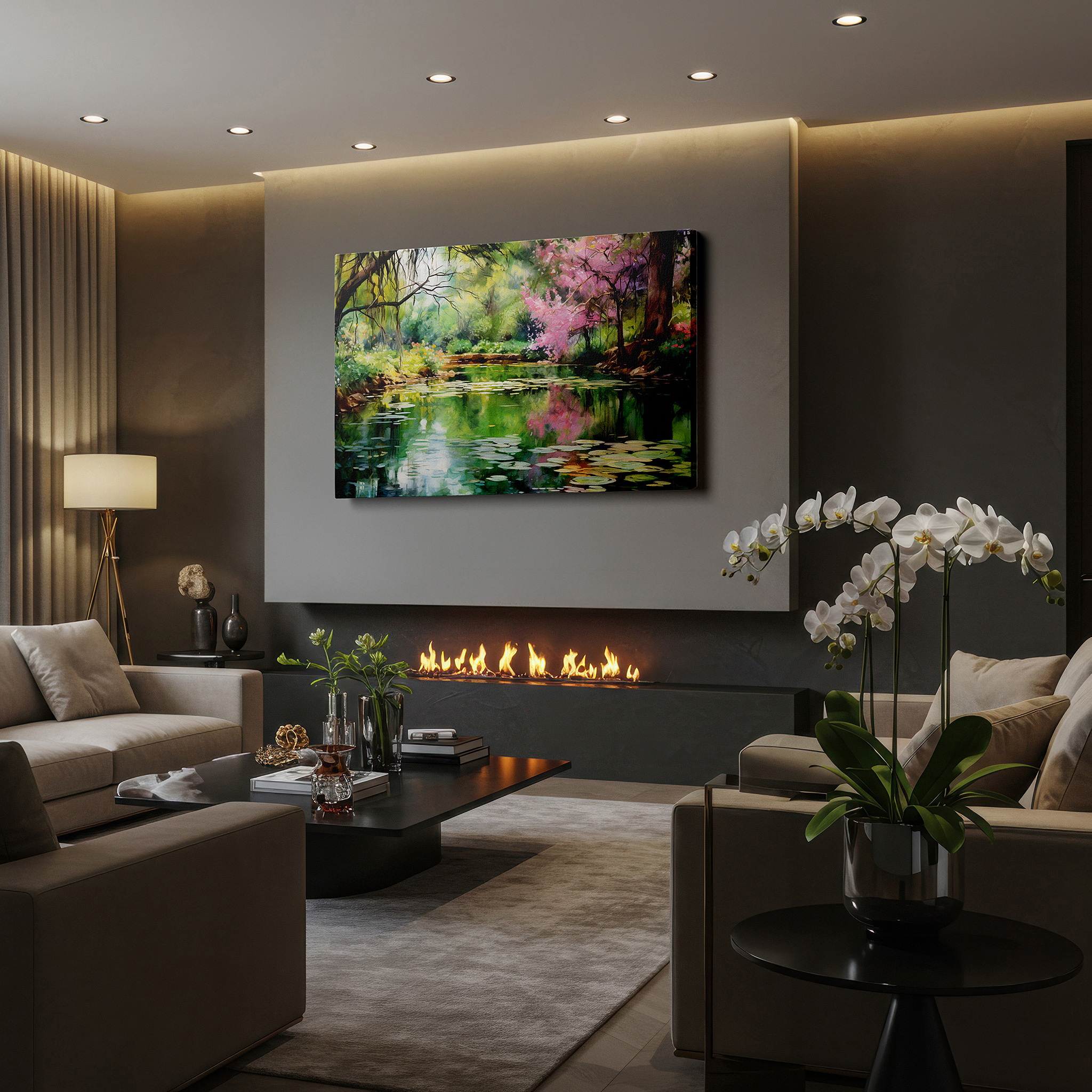 Bold and expansive at 90×60 cm — ideal for making a statement above large furniture — serene garden pond canvas wall art featuring lush greenery and ethereal blossoms - large wall decor for office