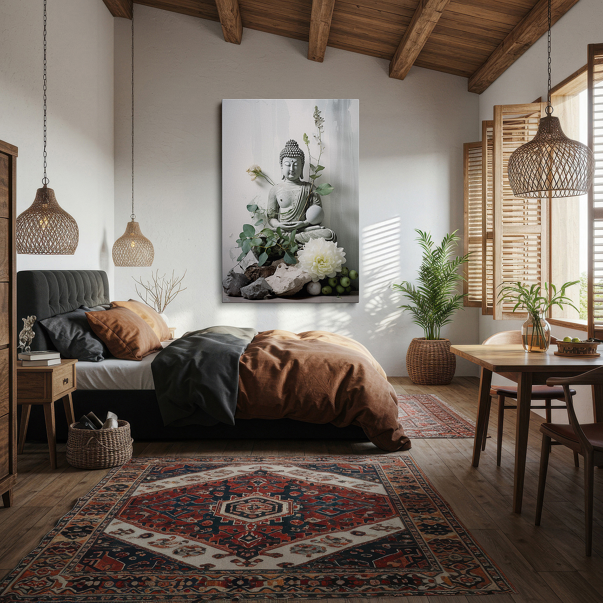 Bold and expansive at 90×60 cm — ideal for making a statement above large furniture — serene green buddha wall art with vibrant florals - large canvas for tranquil spiritual journey - ideal for office and bedroom decor