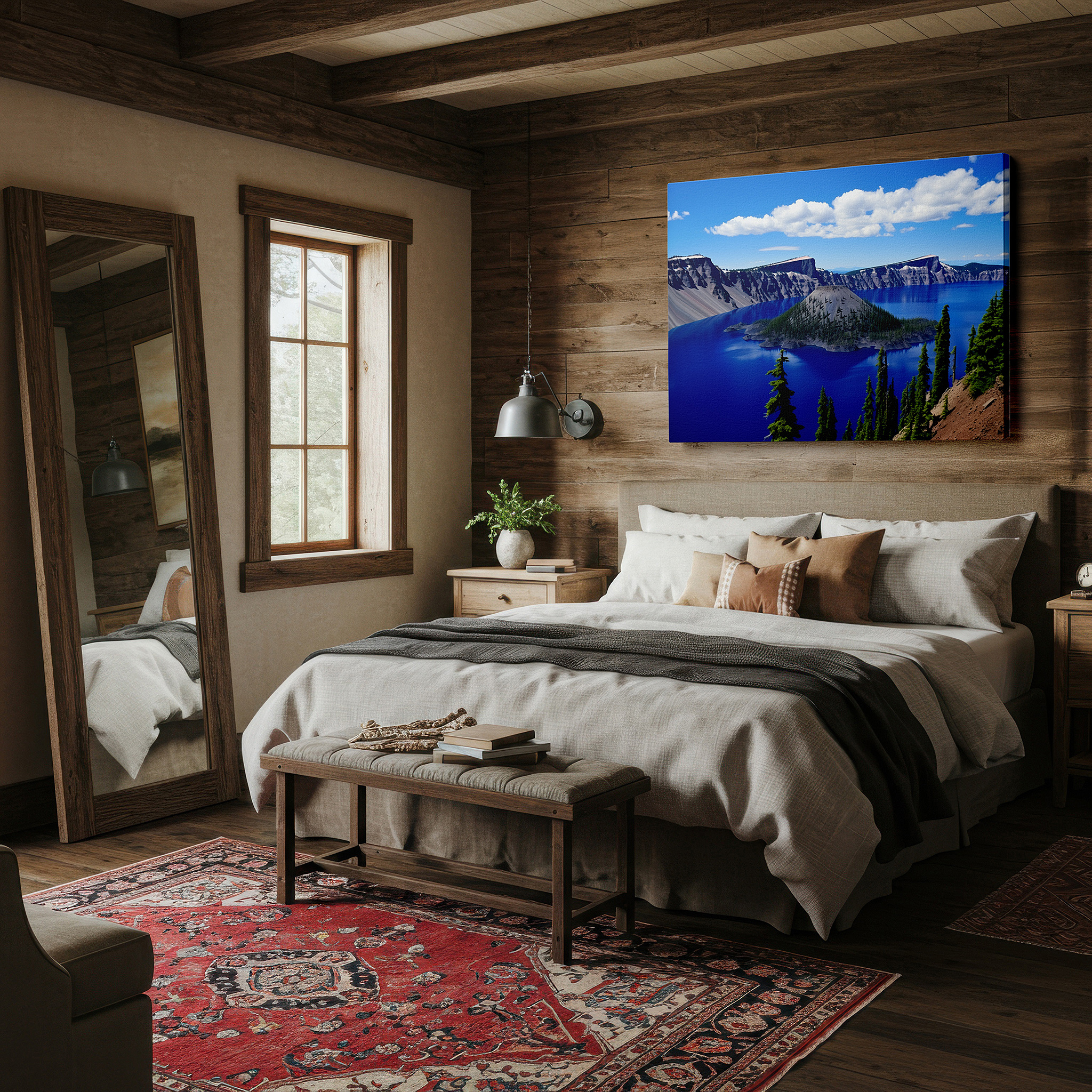 Bold and expansive at 90×60 cm — ideal for making a statement above large furniture — serene lake and grand cliffs beneath a golden sky: oversized wall art, canvas art, decorative wall art for offices, bedrooms, and living rooms