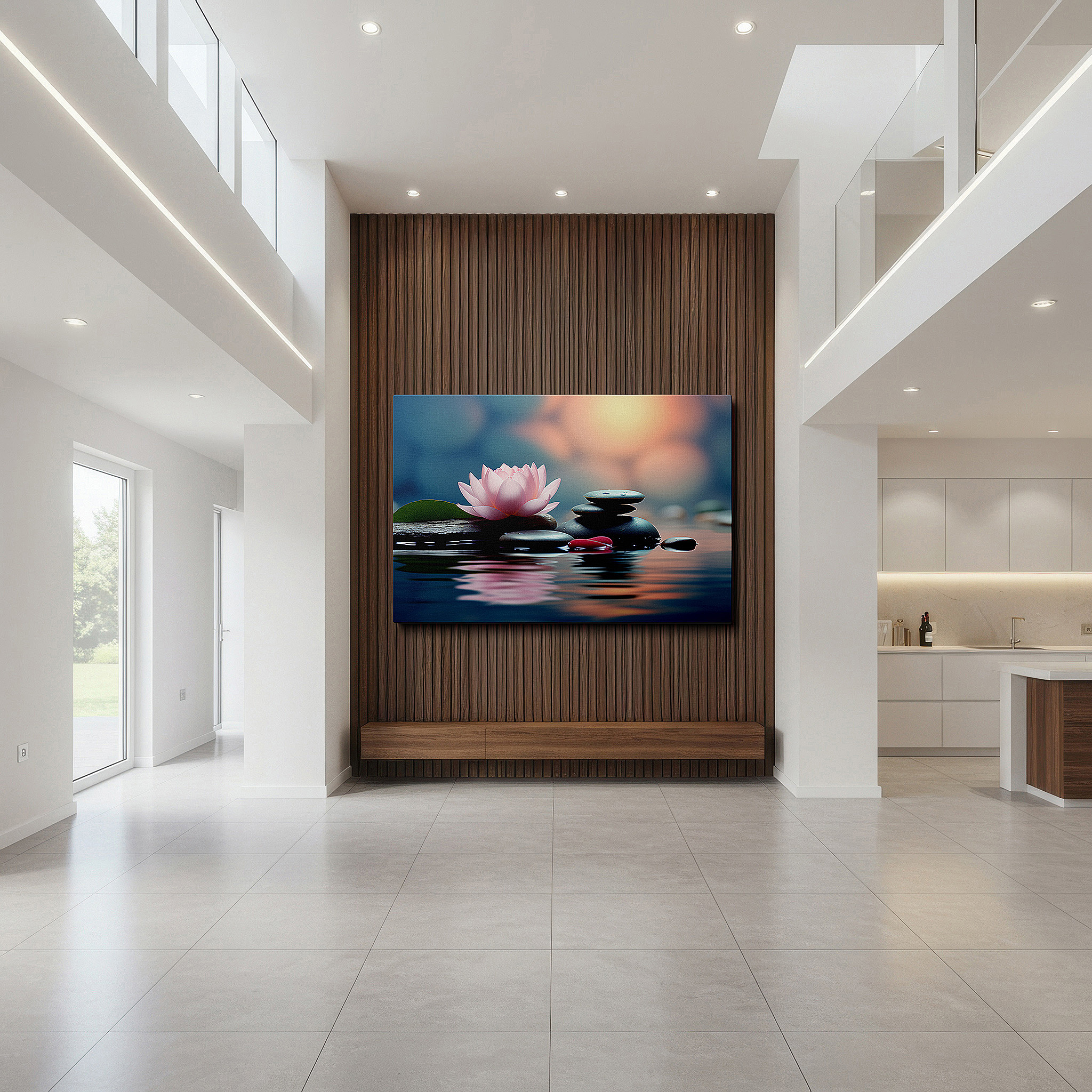 Bold and expansive at 90×60 cm — ideal for making a statement above large furniture — serene lotus flower on peaceful waters: emblem of purity and enlightenment - large canvas wall art for office and bedroom decor
