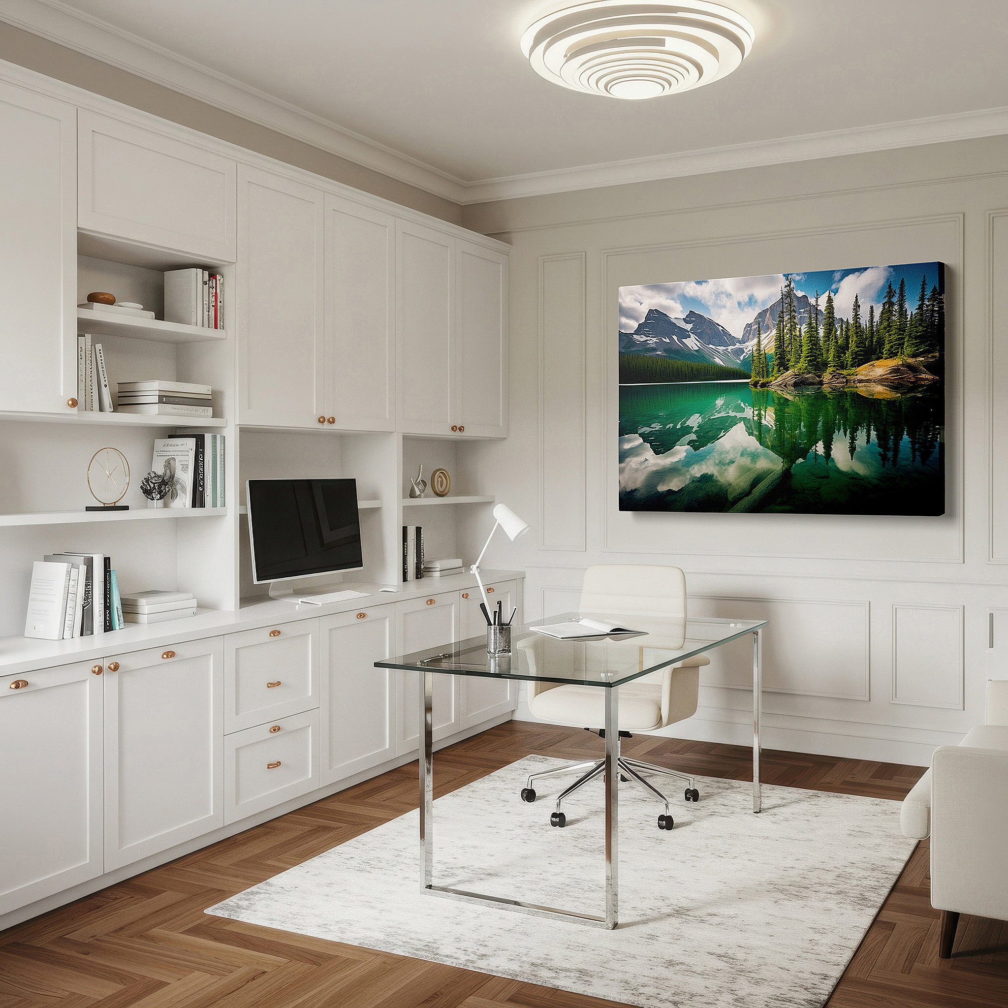 Bold and expansive at 90×60 cm — ideal for making a statement above large furniture — serene mountain lake and majestic peaks wall art: tranquil waters and large canvas decor for office and bedroom